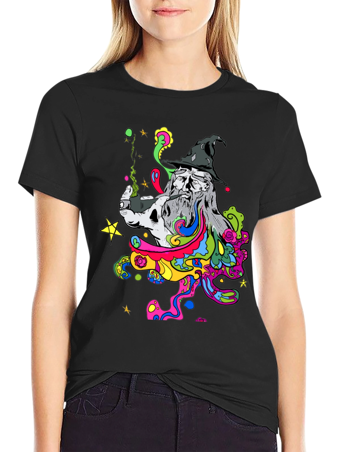 Trippy Wizard Graphic T-Shirt - Black Cotton Blend