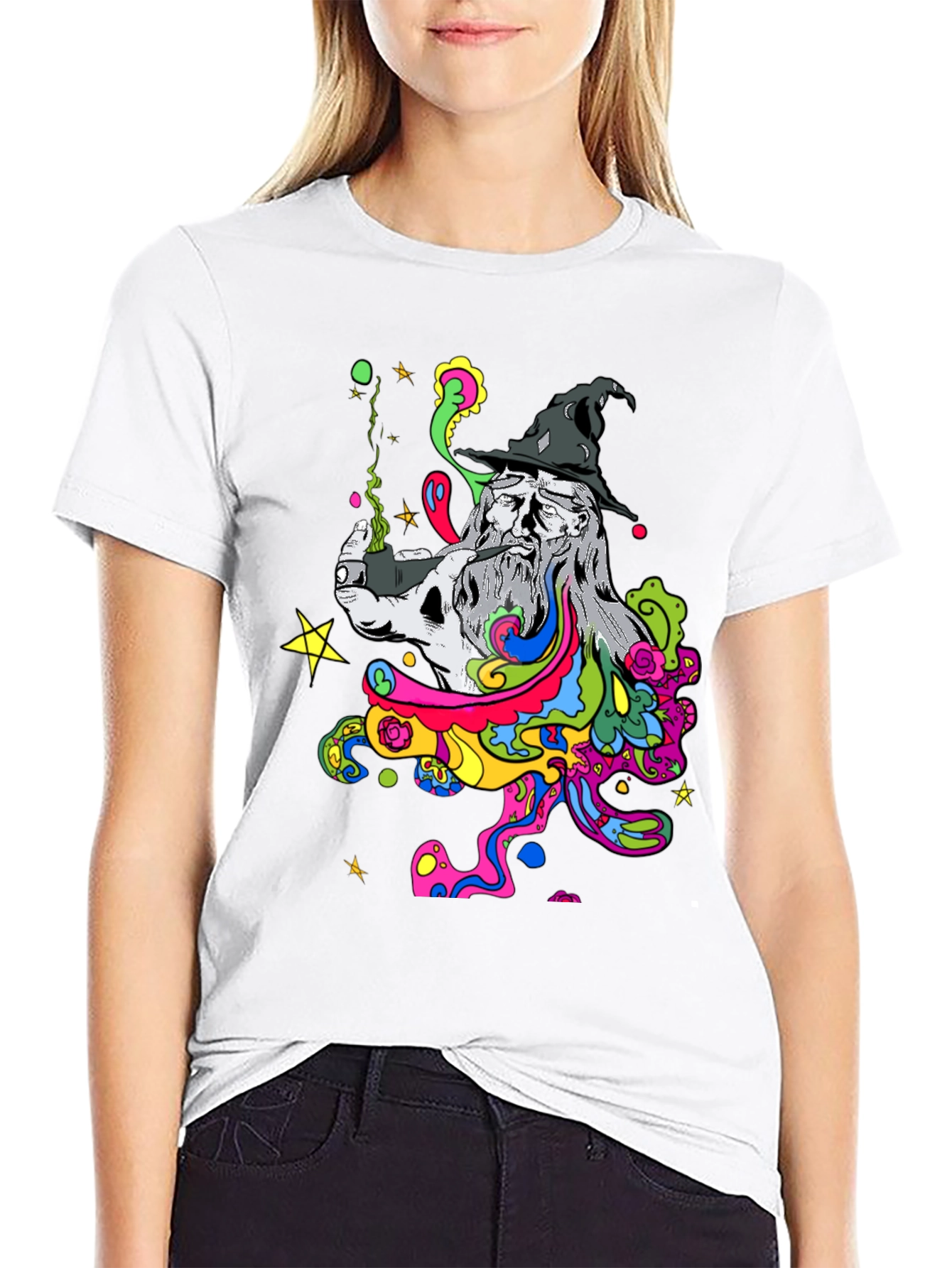 Trippy Wizard Graphic T-Shirt - Black Cotton Blend
