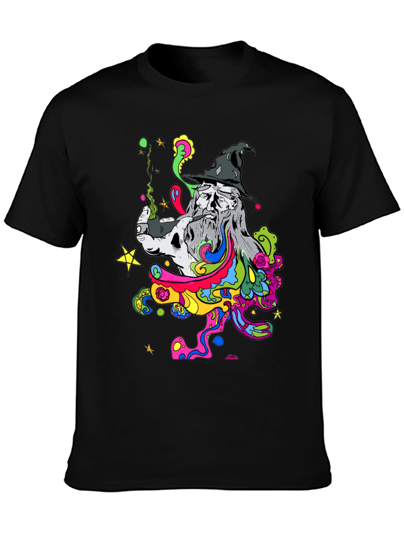 Trippy Wizard Graphic T-Shirt - Black Cotton Blend