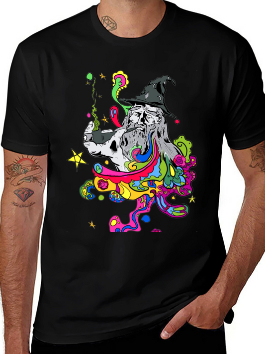 Trippy Wizard Graphic T-Shirt - Black Cotton Blend