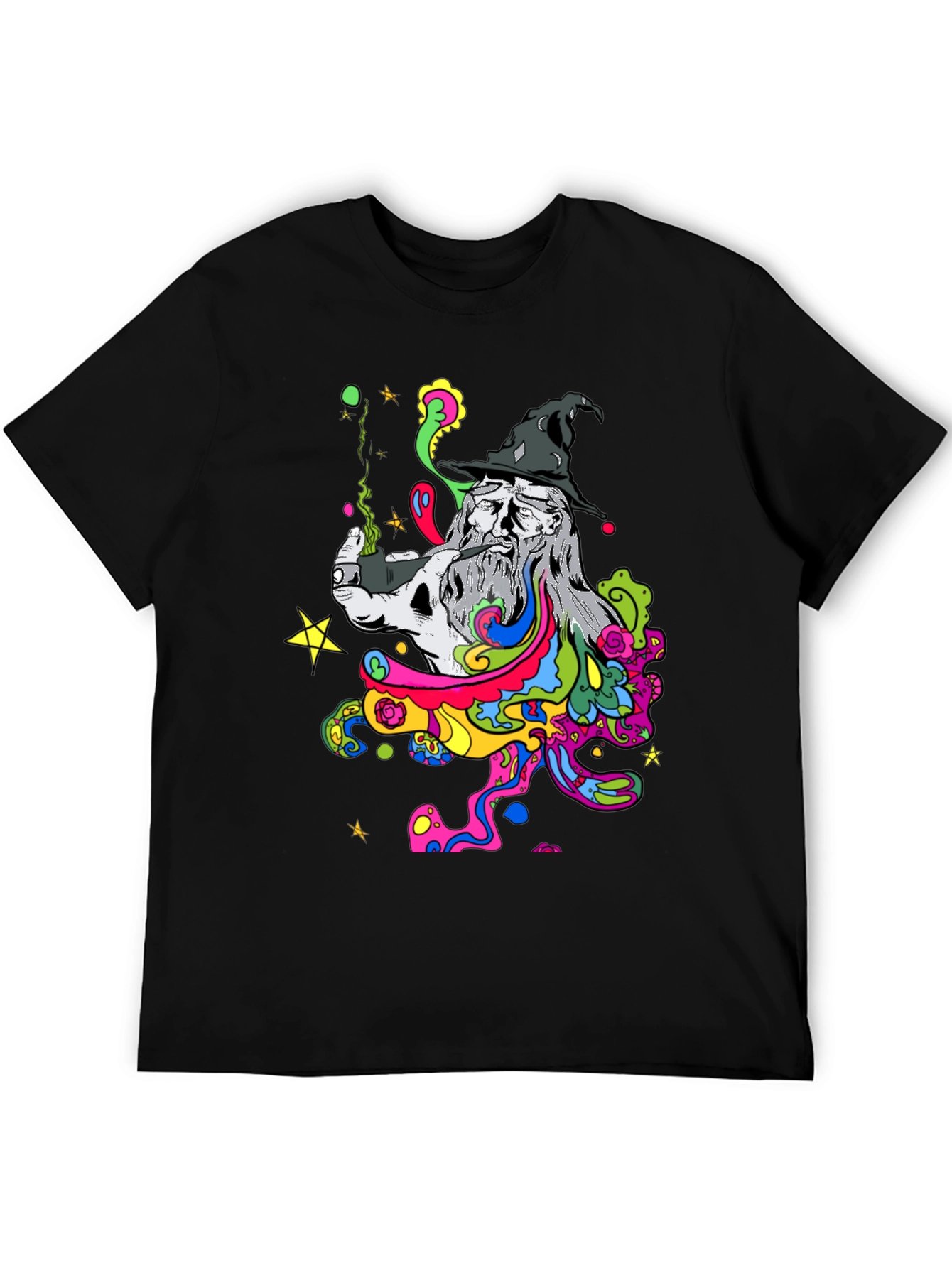 Trippy Wizard Graphic T-Shirt - Black Cotton Blend