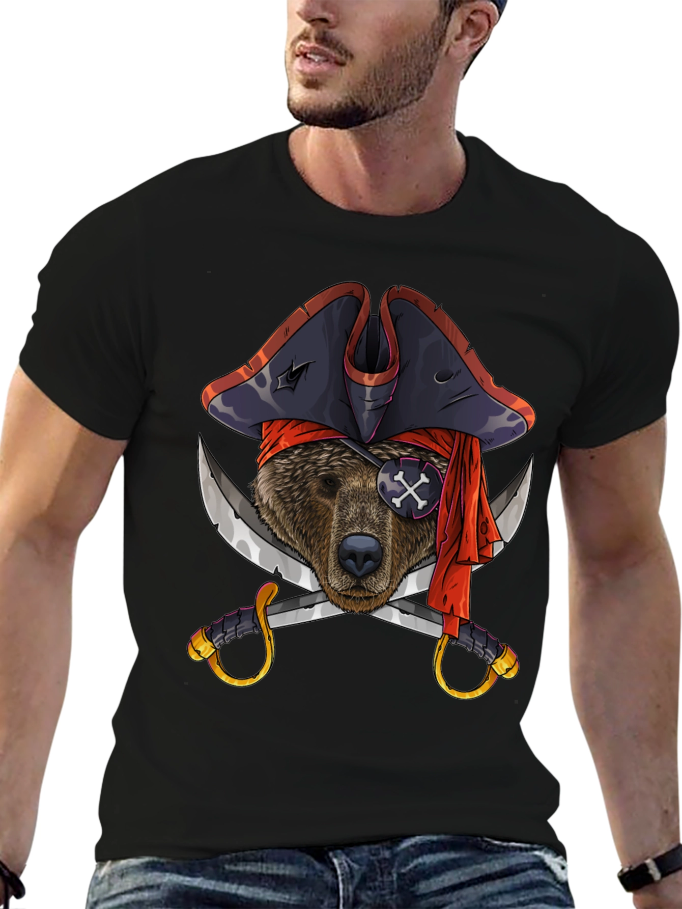 Pirate Bear Graphic Tee - Black Cotton T-Shirt