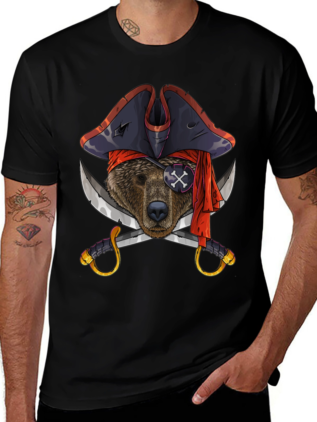Pirate Bear Graphic Tee - Black Cotton T-Shirt