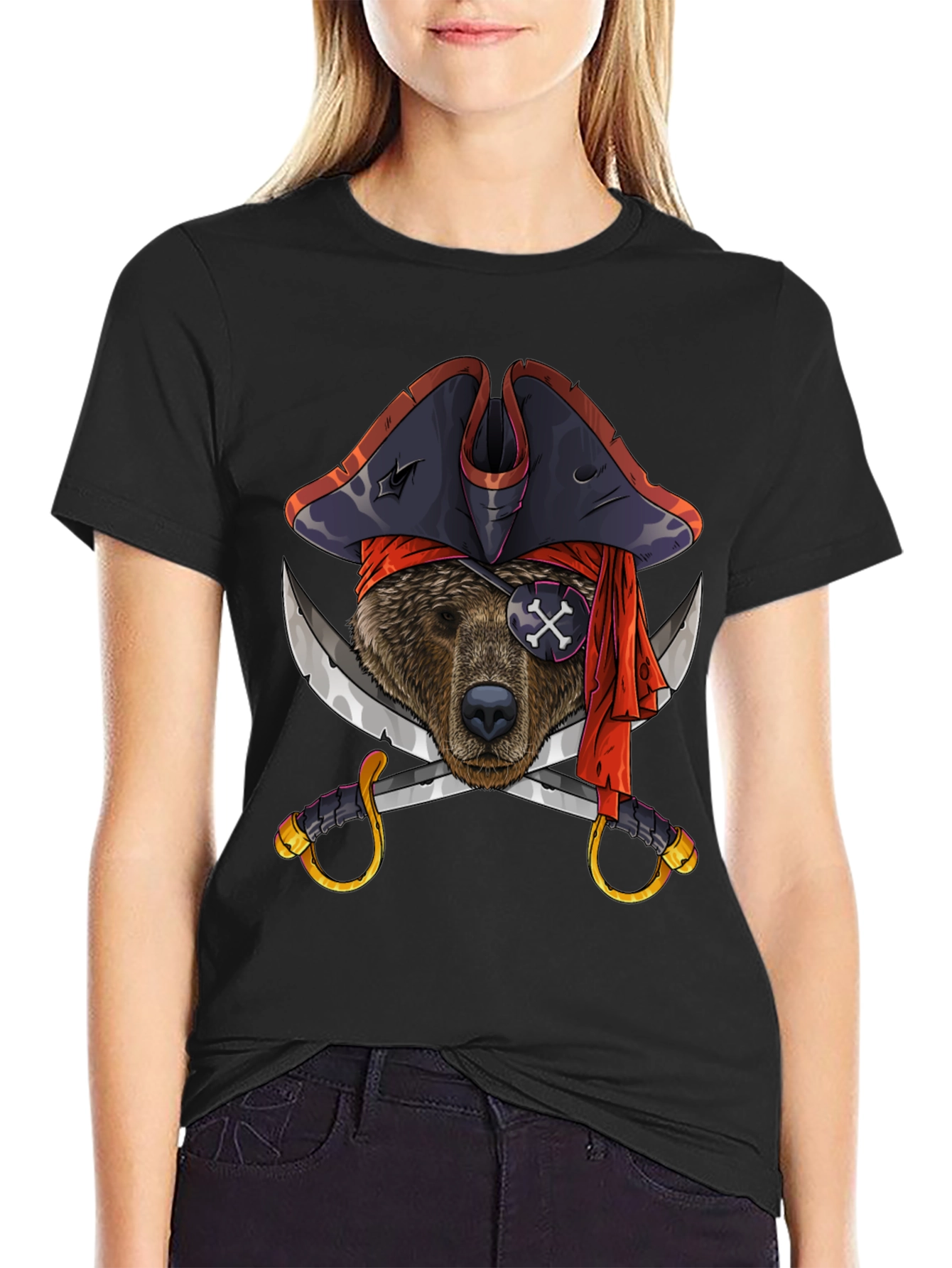 Pirate Bear Graphic Tee - Black Cotton T-Shirt
