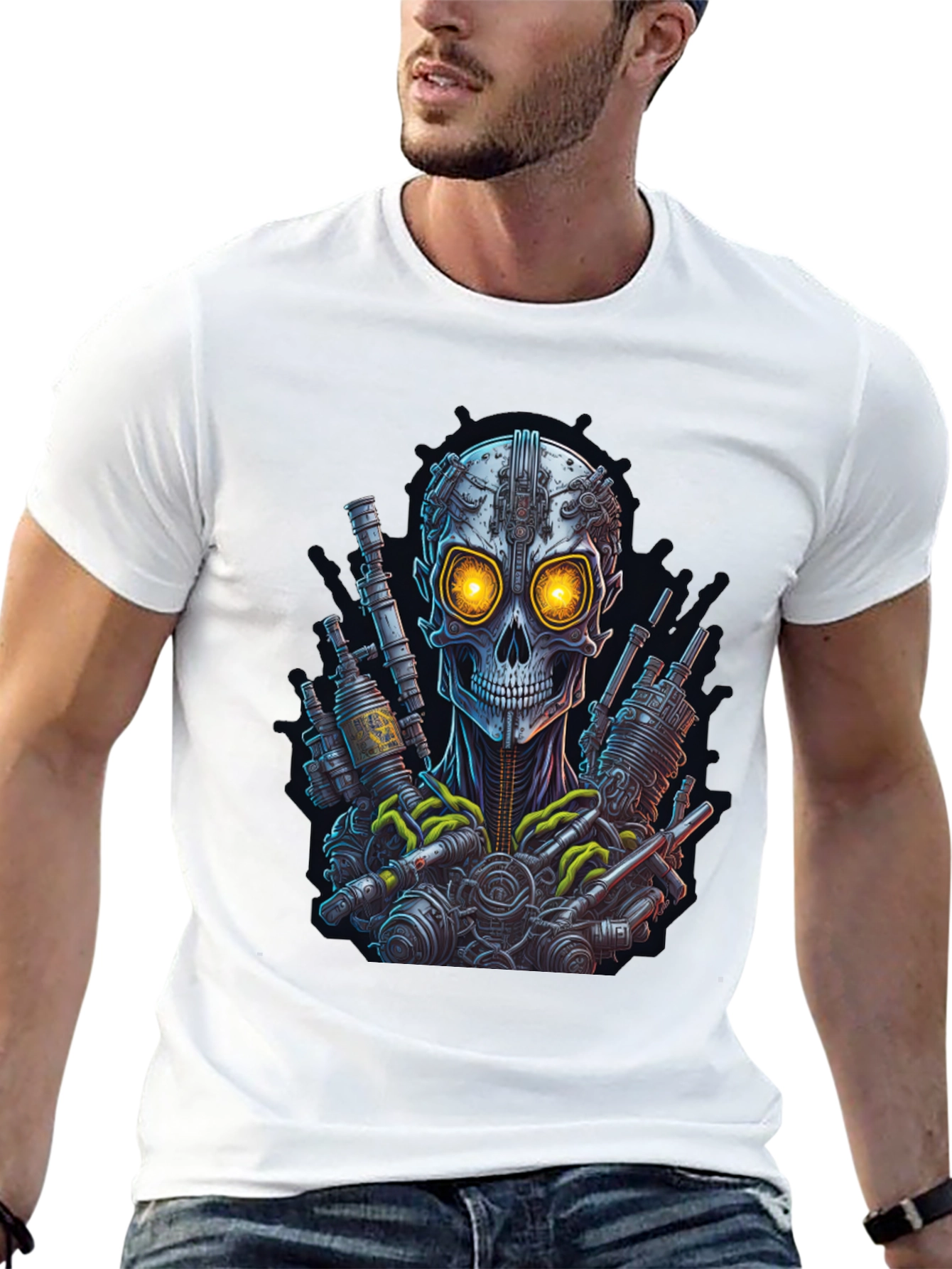 Steampunk Skull Graphic Tee - Edgy Robot Design