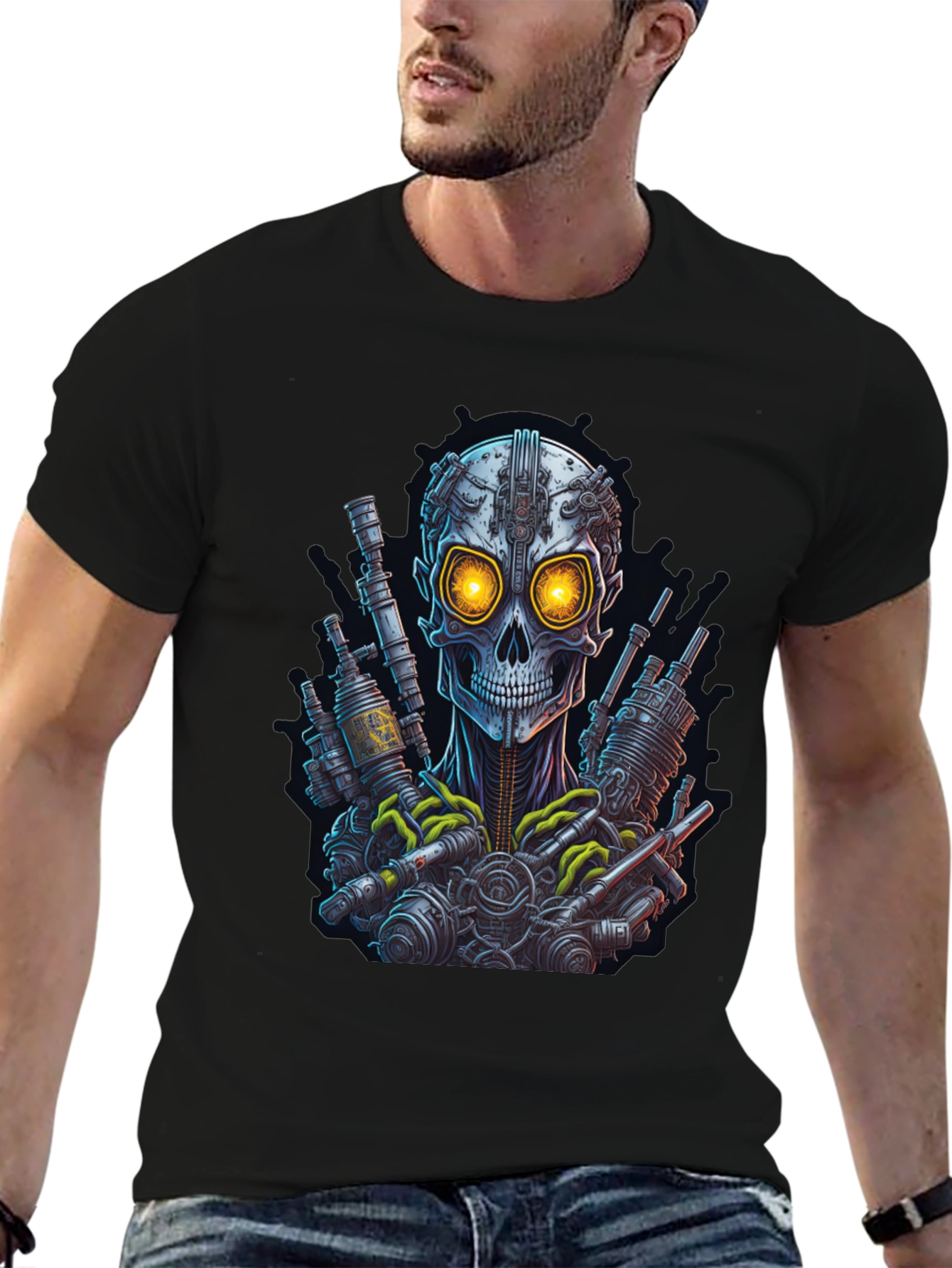 Steampunk Skull Graphic Tee - Edgy Robot Design