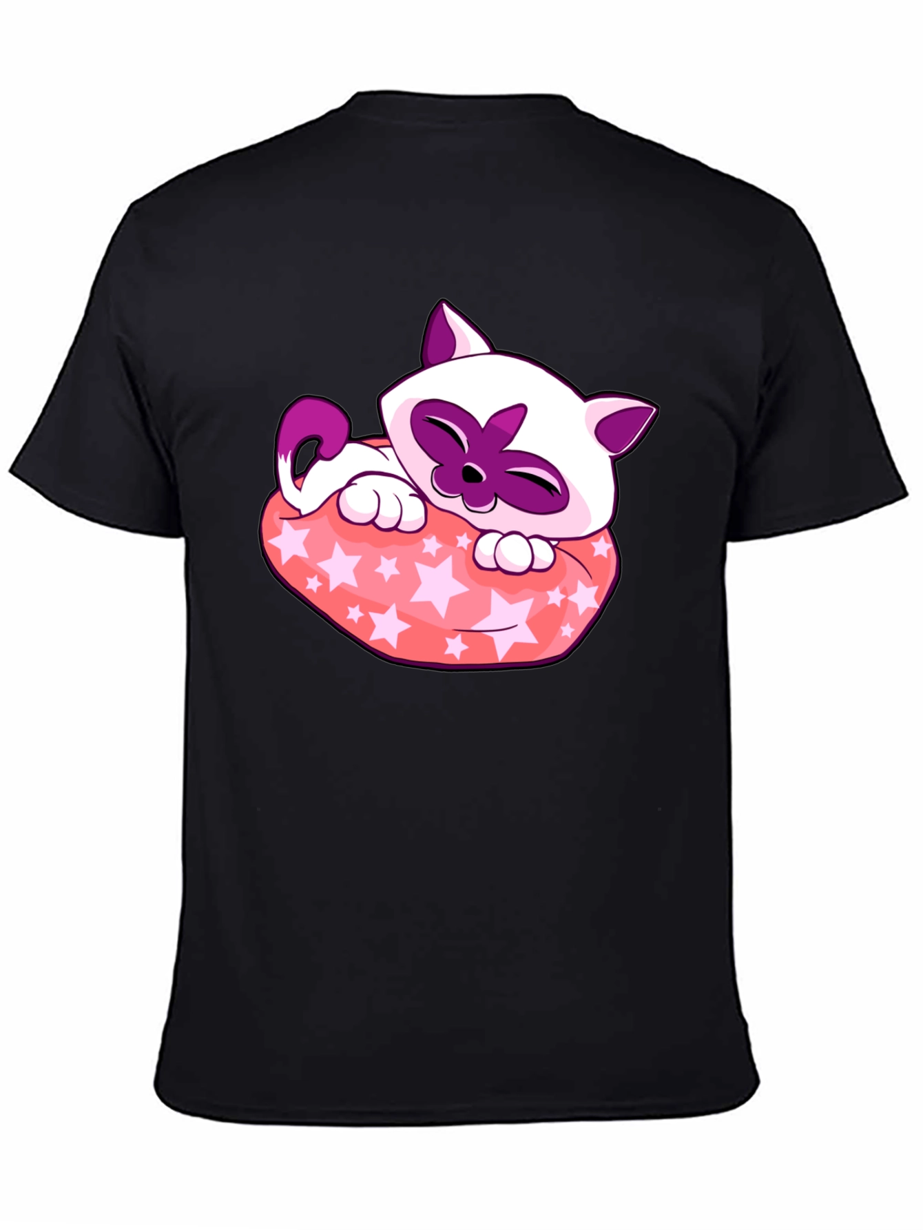 Cute Cartoon Cat Star Pillow Black T-Shirt