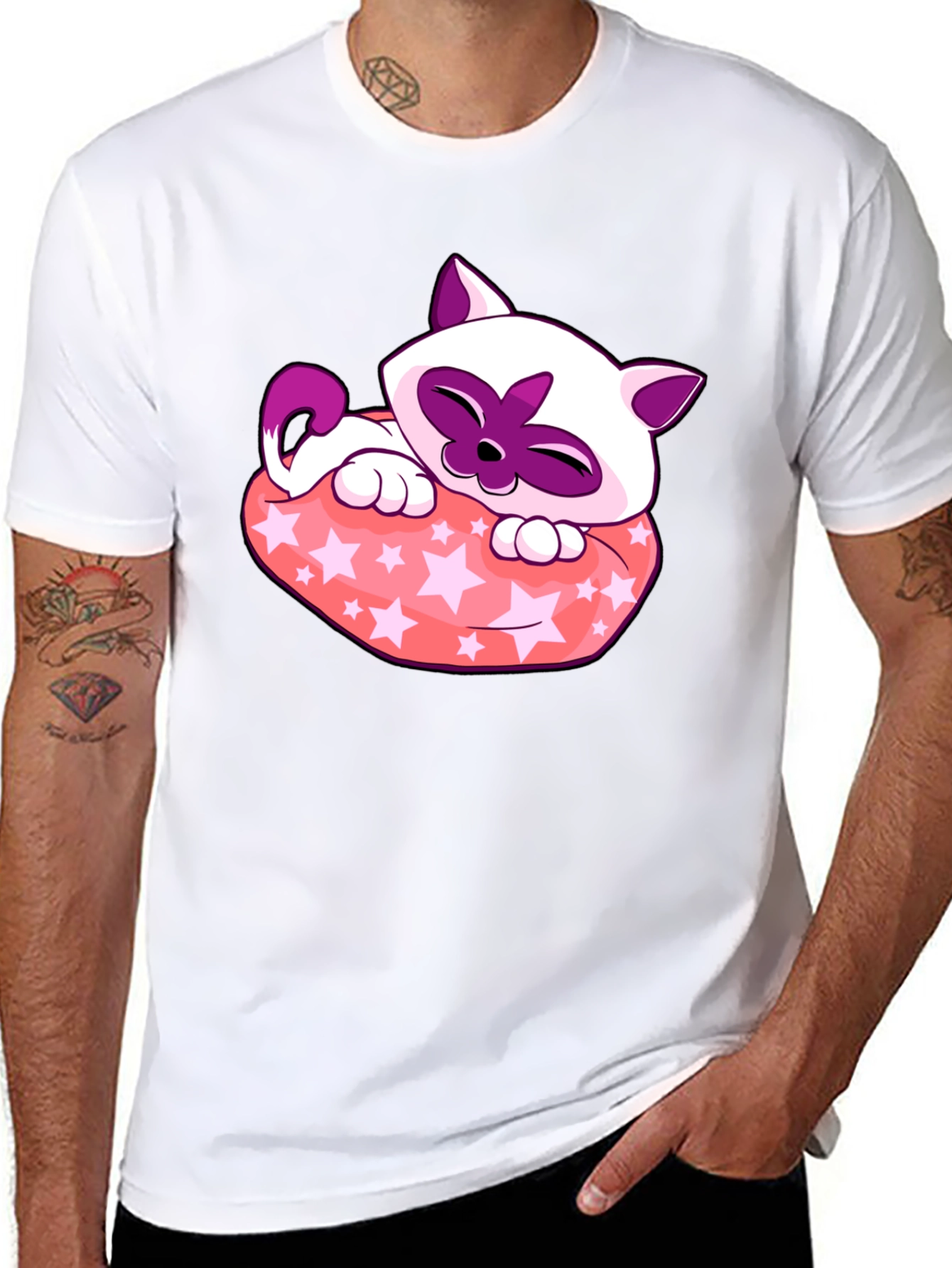 Cute Cartoon Cat Star Pillow Black T-Shirt