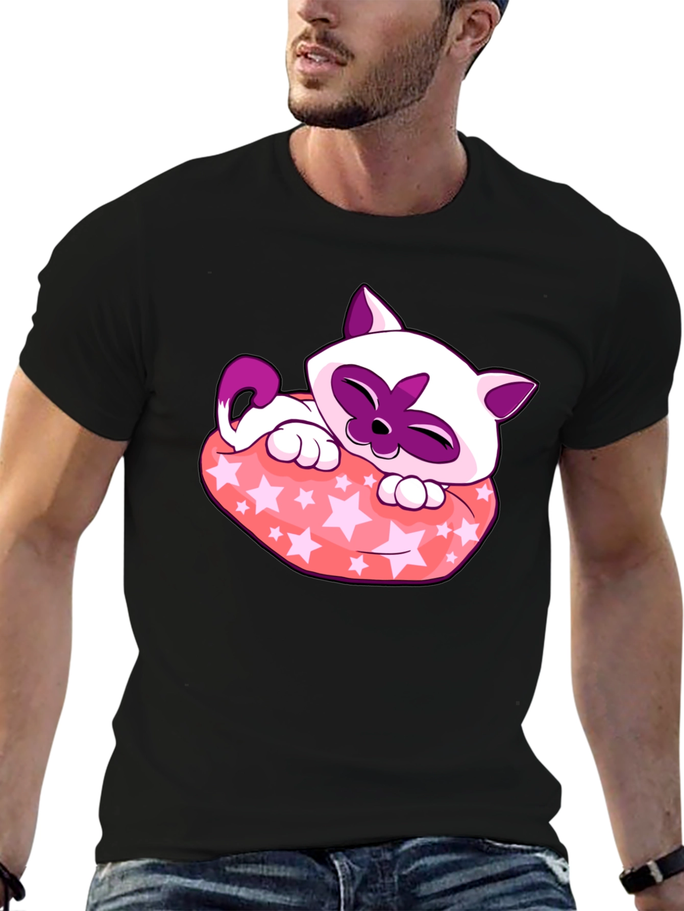 Cute Cartoon Cat Star Pillow Black T-Shirt