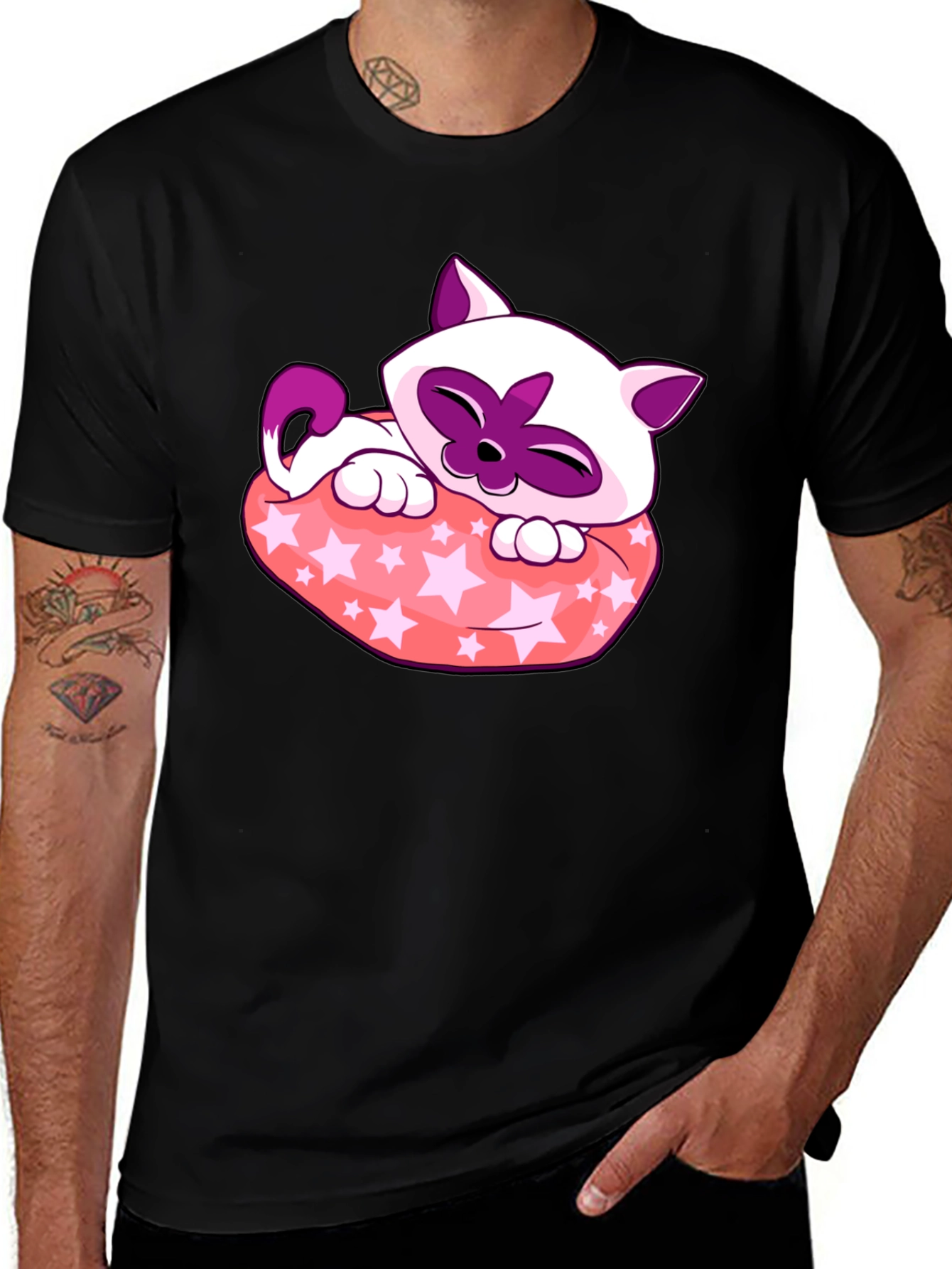 Cute Cartoon Cat Star Pillow Black T-Shirt