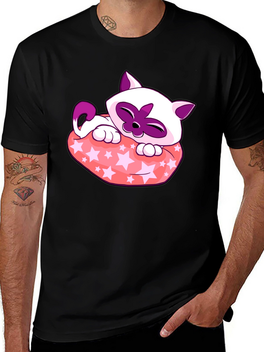 Cute Cartoon Cat Star Pillow Black T-Shirt
