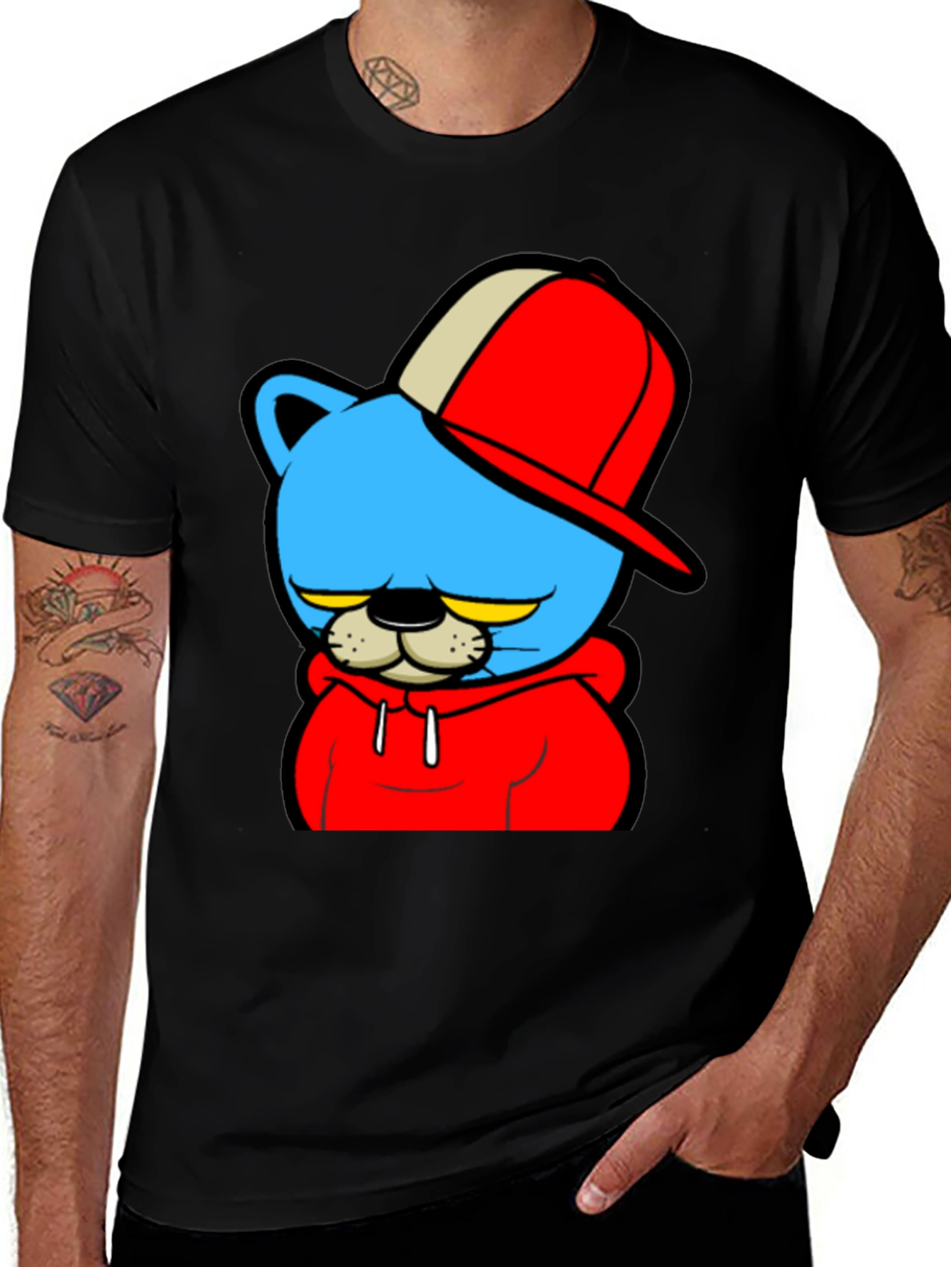 Cartoon Cat Graphic Black T-Shirt