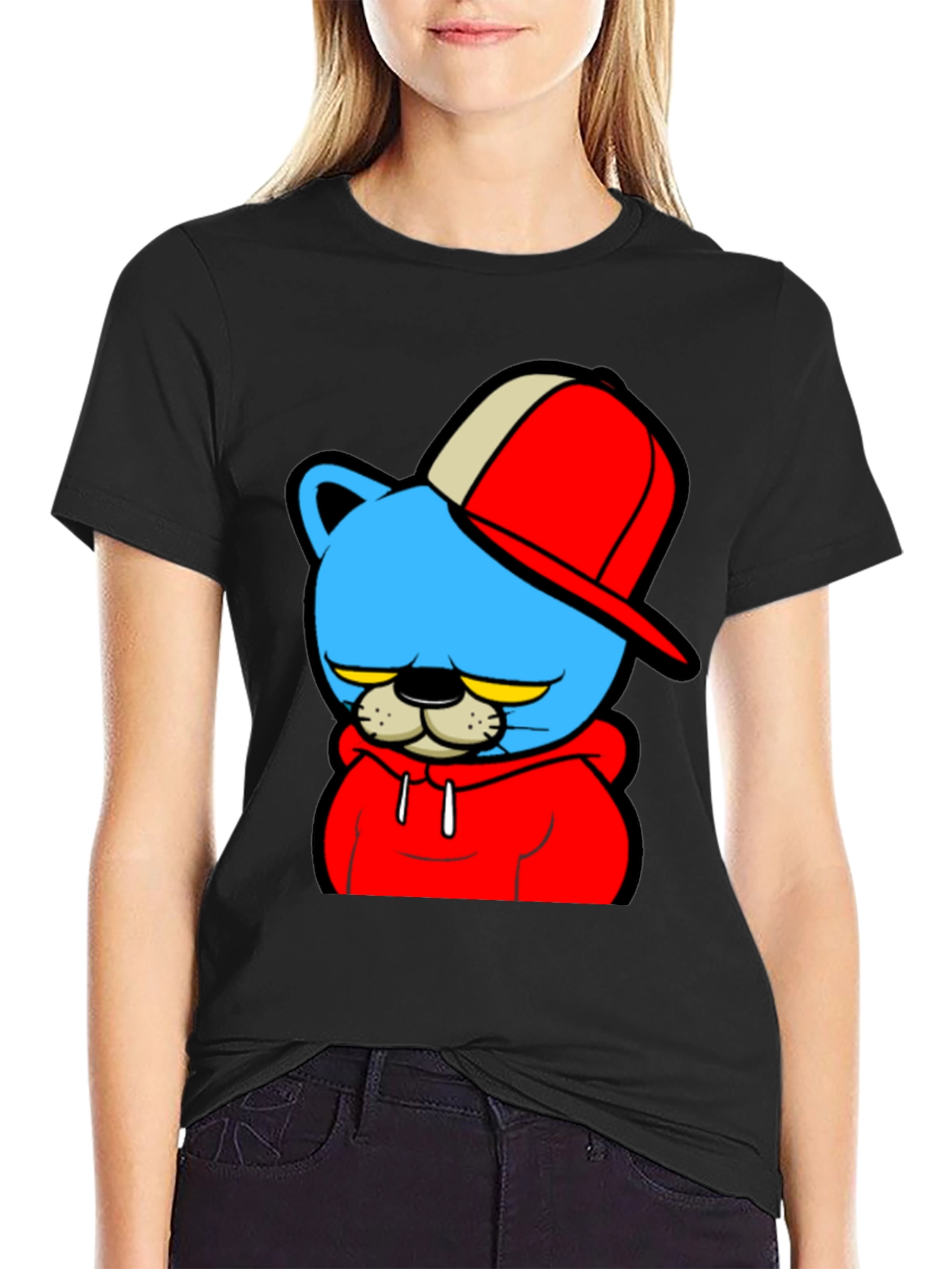 Cartoon Cat Graphic Black T-Shirt