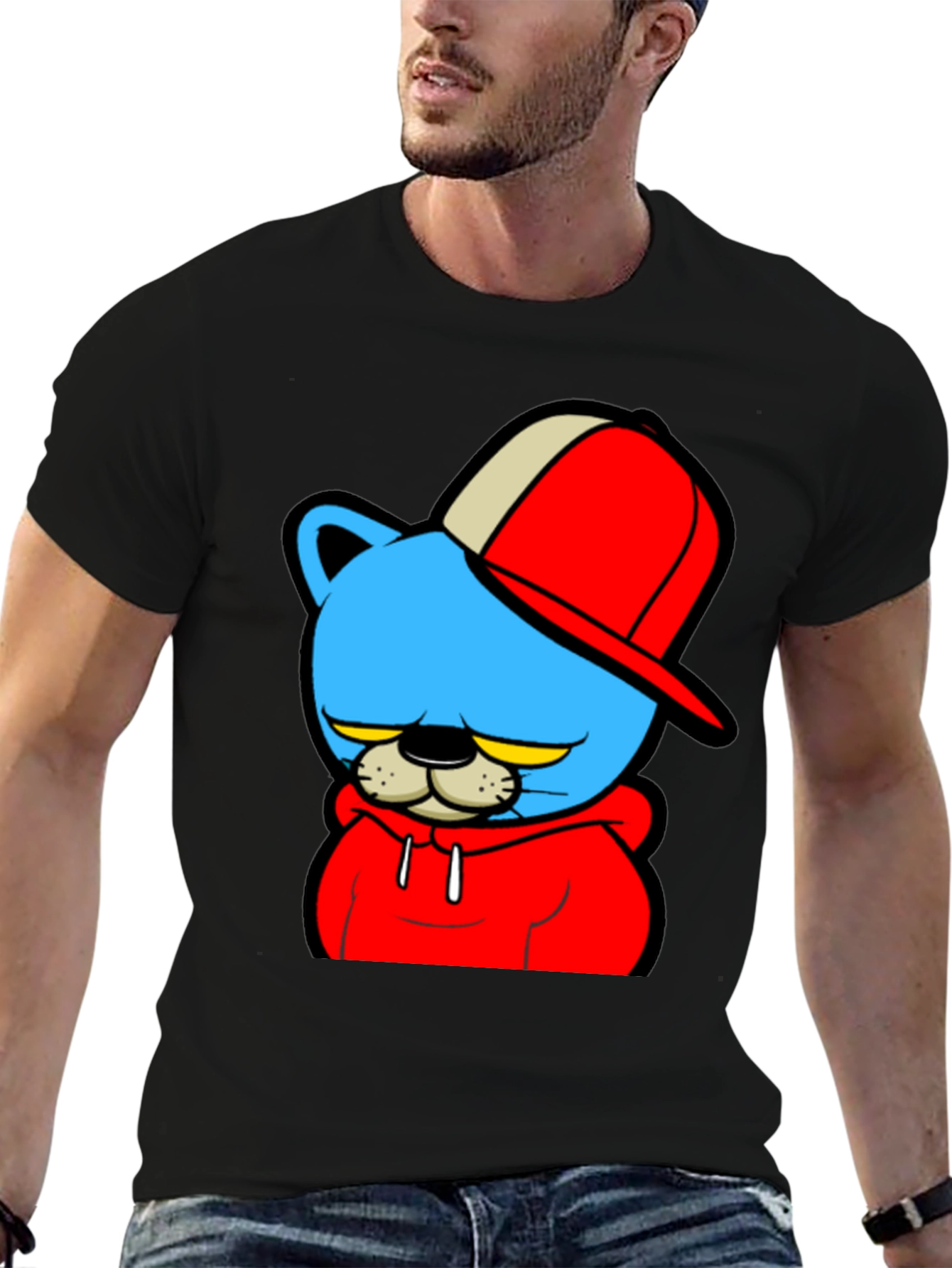 Cartoon Cat Graphic Black T-Shirt
