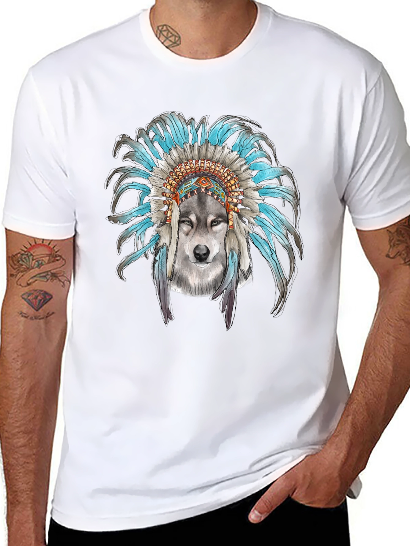 Wolf Headdress Graphic Tee - Cool Mens T-Shirt