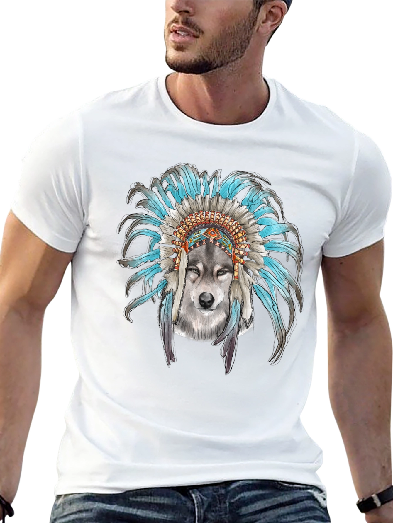 Wolf Headdress Graphic Tee - Cool Mens T-Shirt