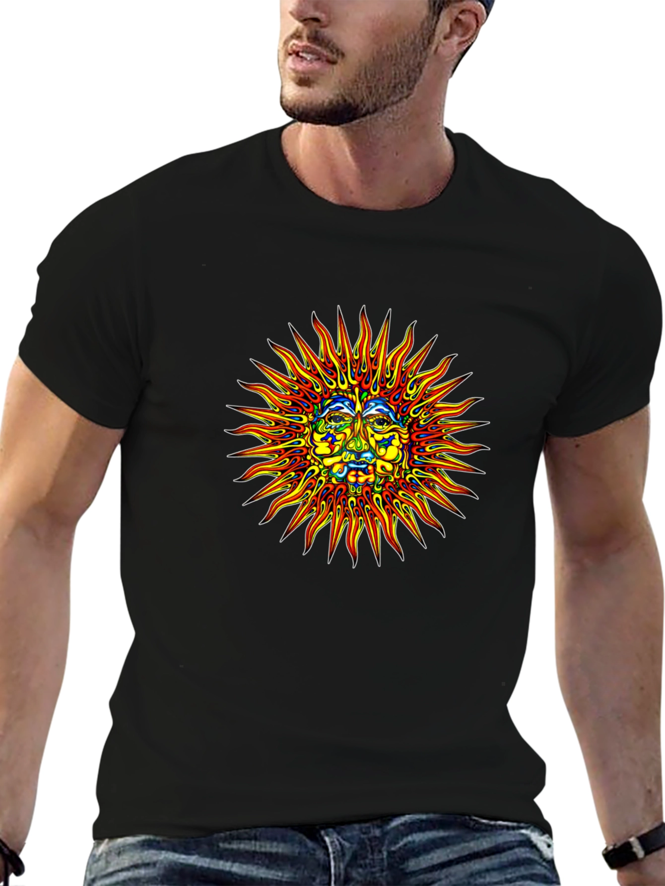 Sun Face Graphic Print Black T-Shirt