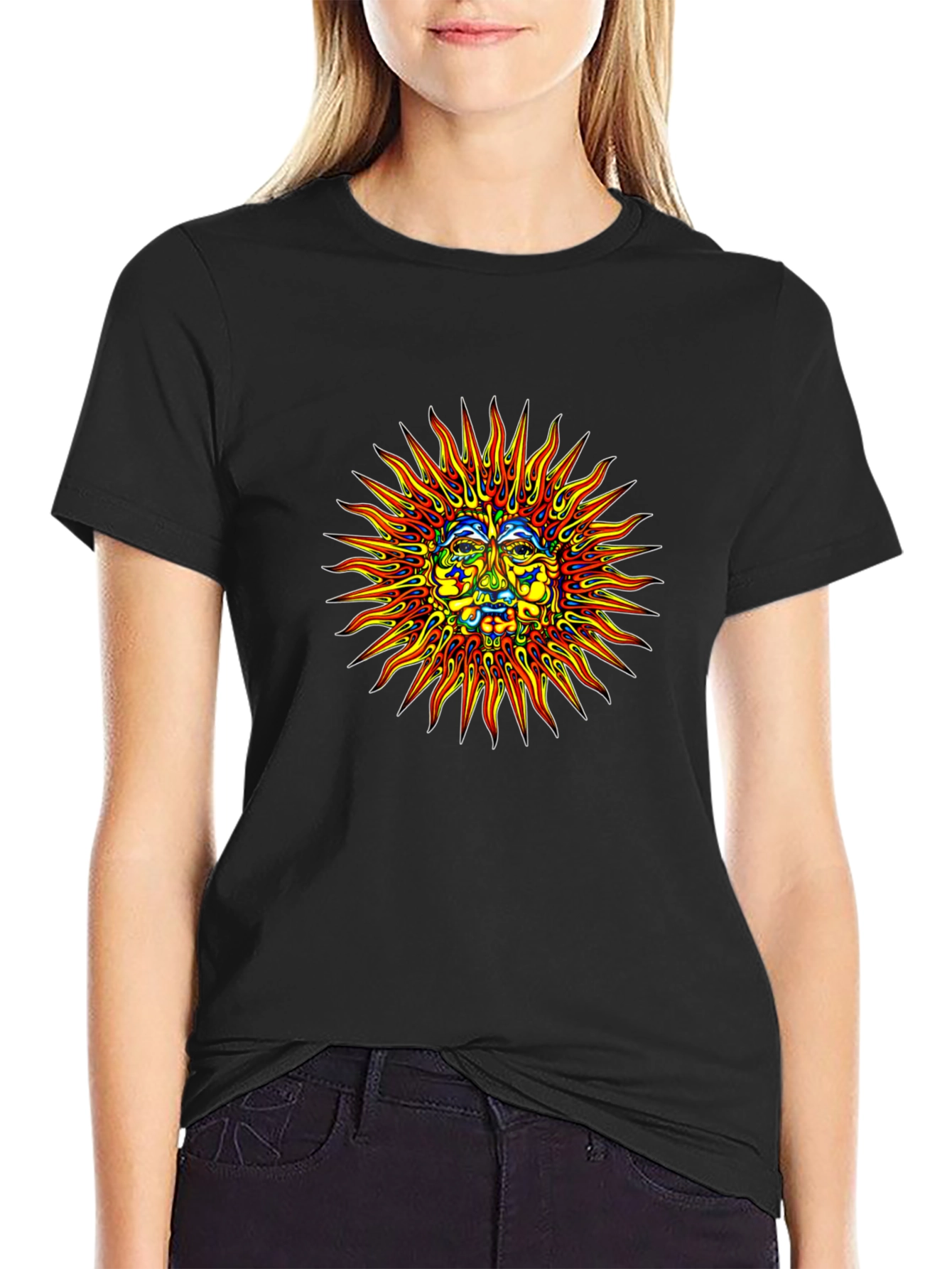 Sun Face Graphic Print Black T-Shirt