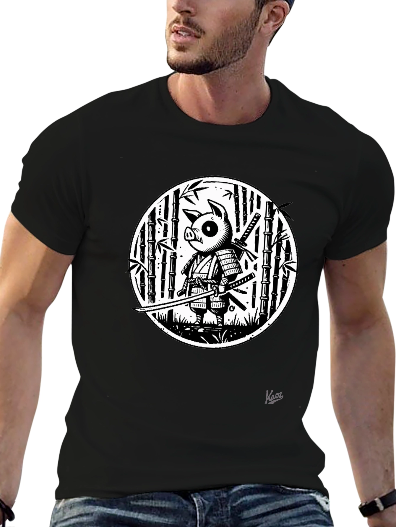Pig Samurai Graphic Black T-Shirt - Unique Design
