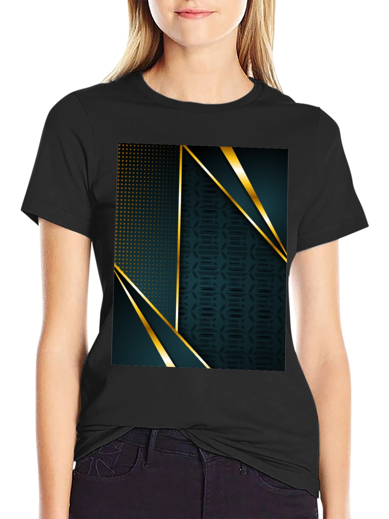 Stylish Geometric Gold Accent Black T-Shirt