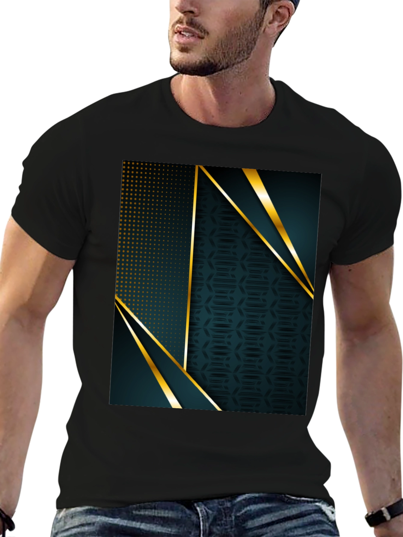 Stylish Geometric Gold Accent Black T-Shirt
