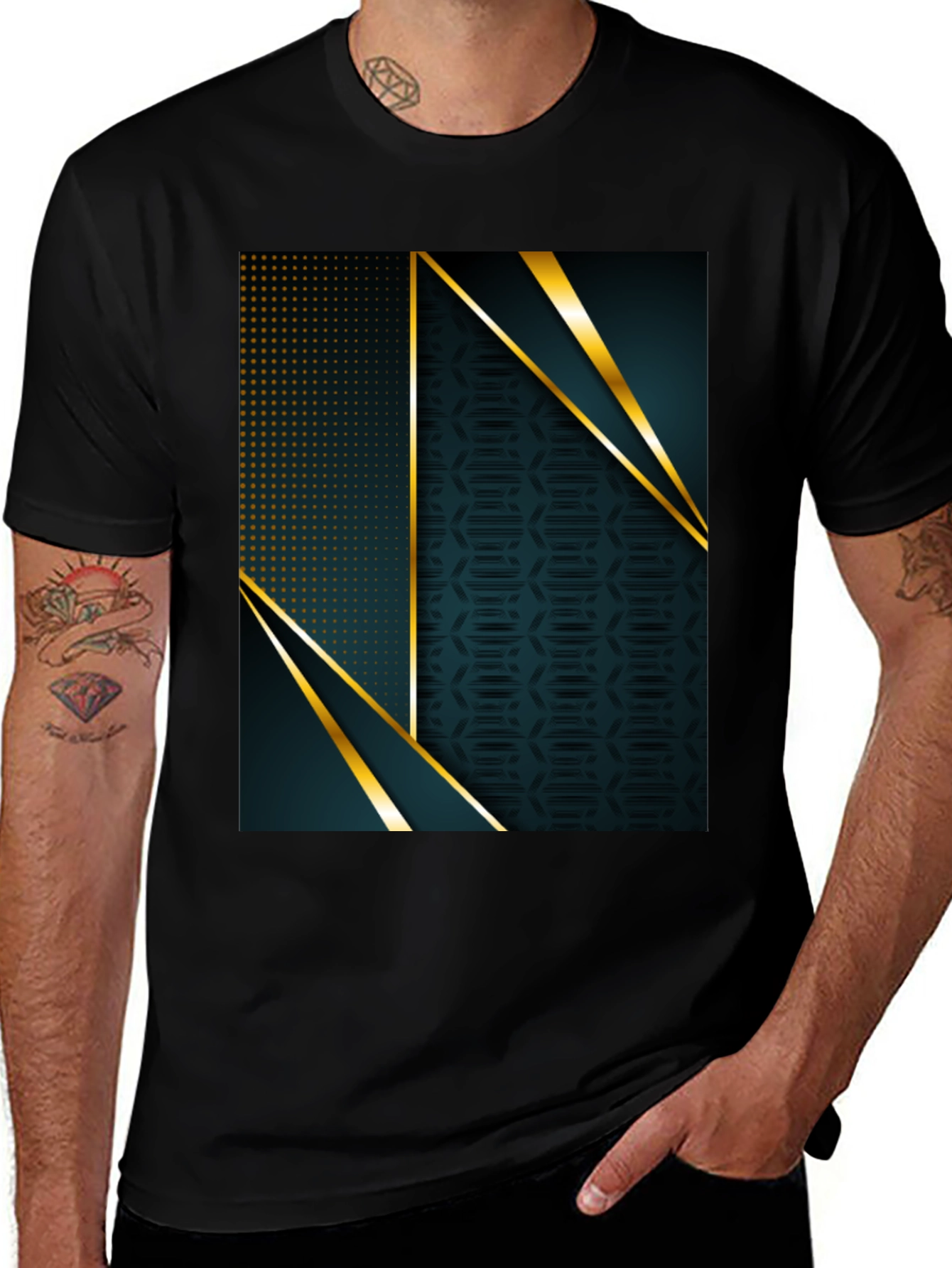 Stylish Geometric Gold Accent Black T-Shirt