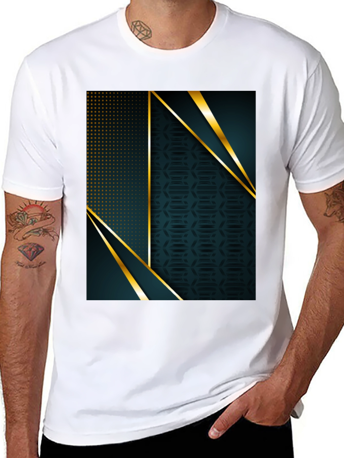 Stylish Geometric Gold Accent Black T-Shirt