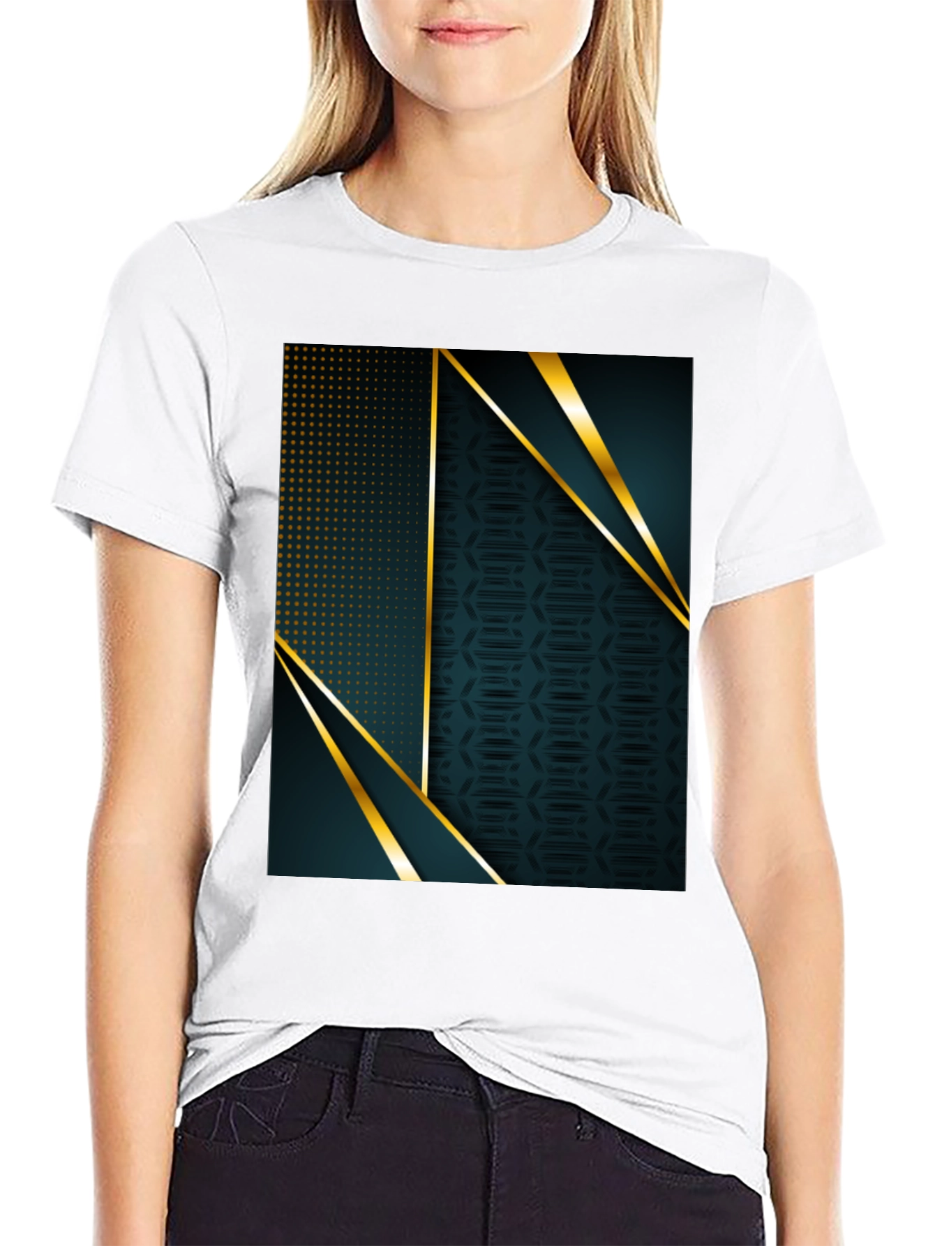 Stylish Geometric Gold Accent Black T-Shirt
