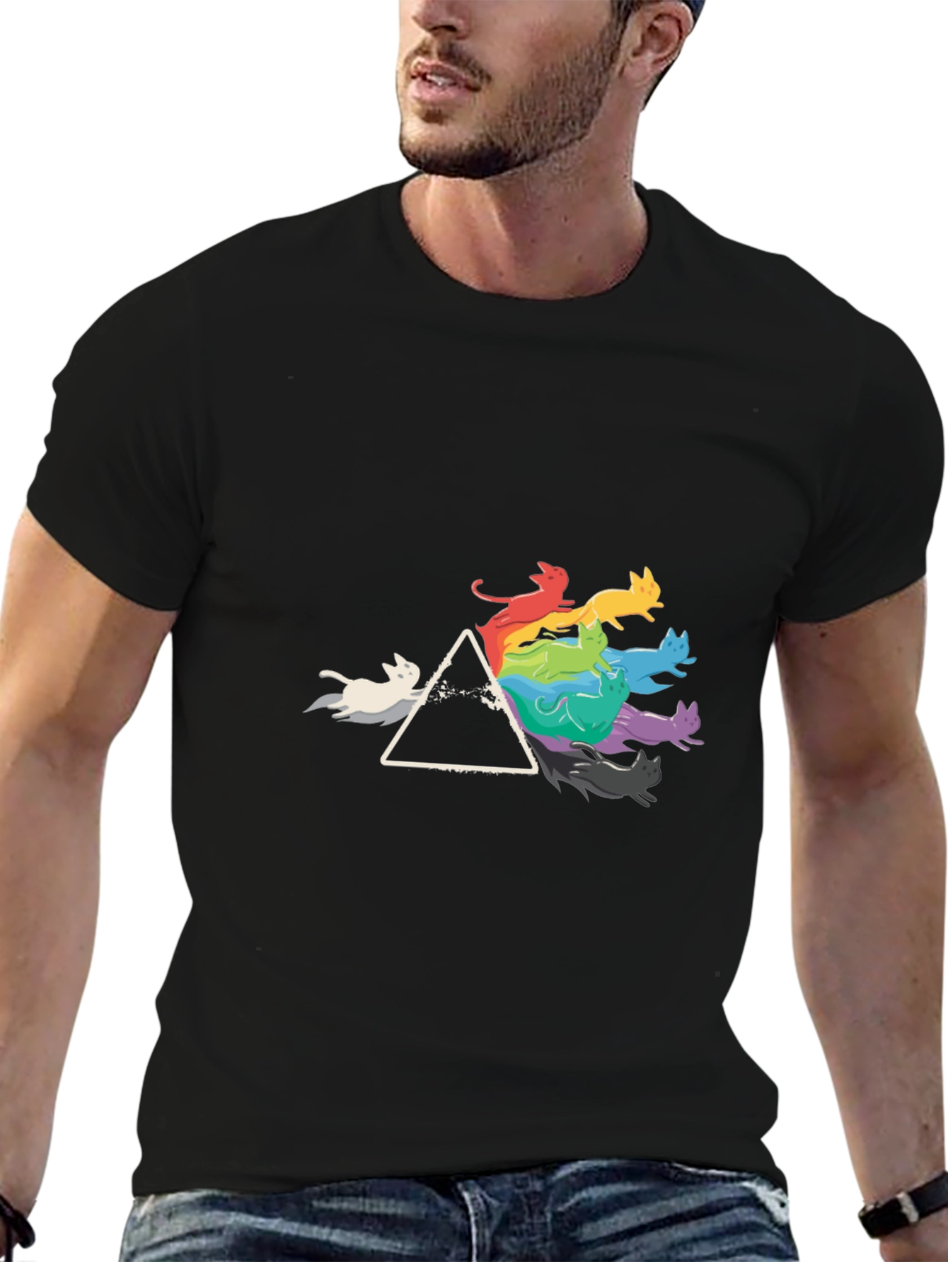 Prism Cats Black T-Shirt - Rainbow Feline Design