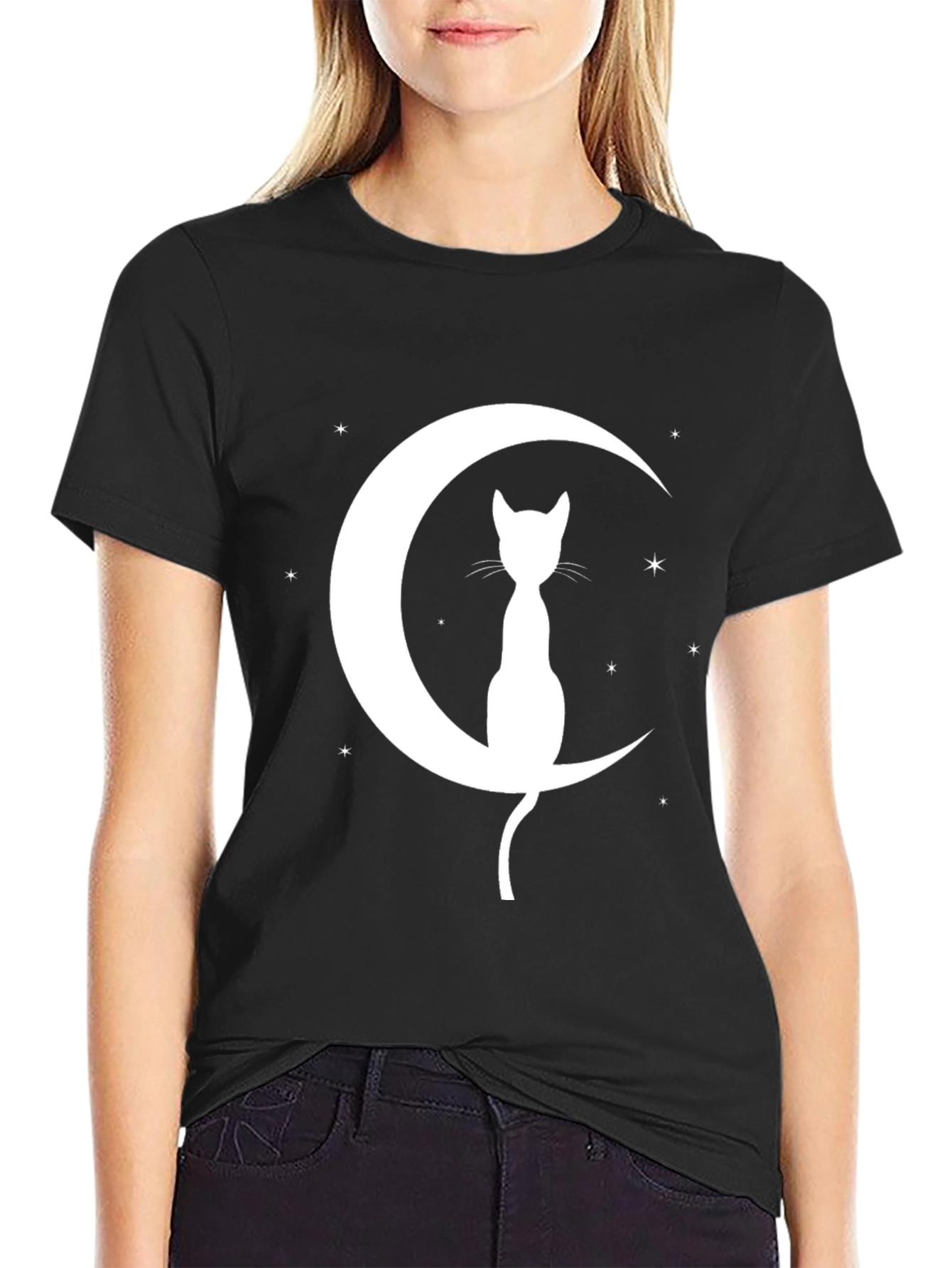 Cat on Moon Graphic Tee - Black Cotton Blend