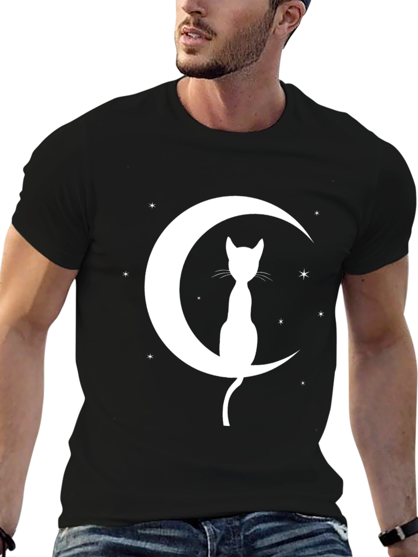 Cat on Moon Graphic Tee - Black Cotton Blend