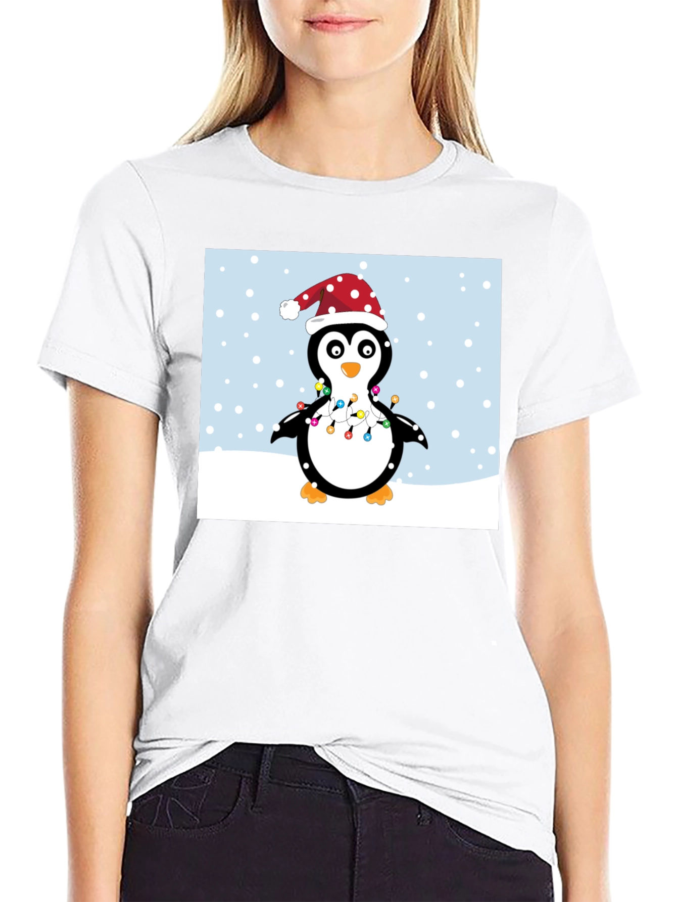 Festive Penguin Christmas Lights Graphic Tee