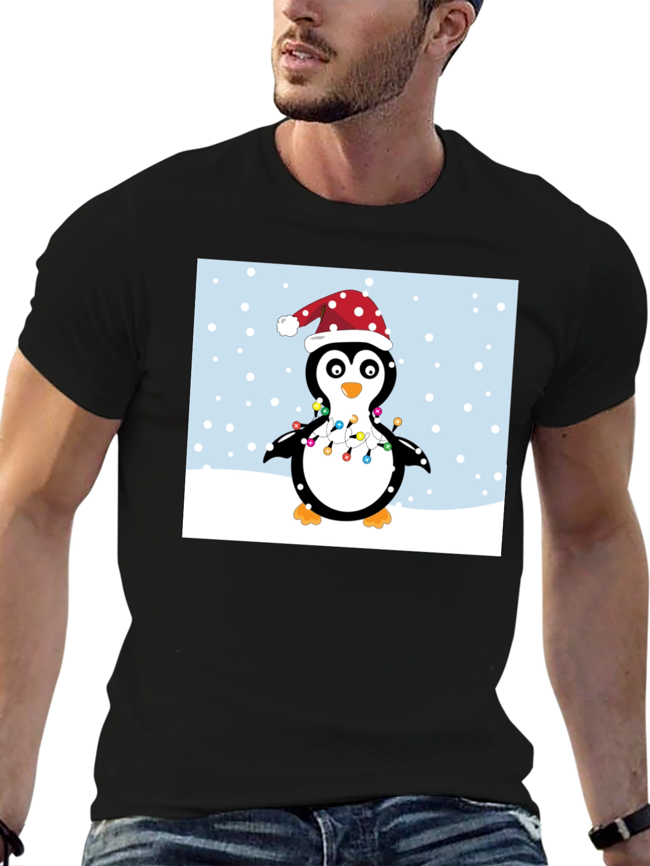 Festive Penguin Christmas Lights Graphic Tee
