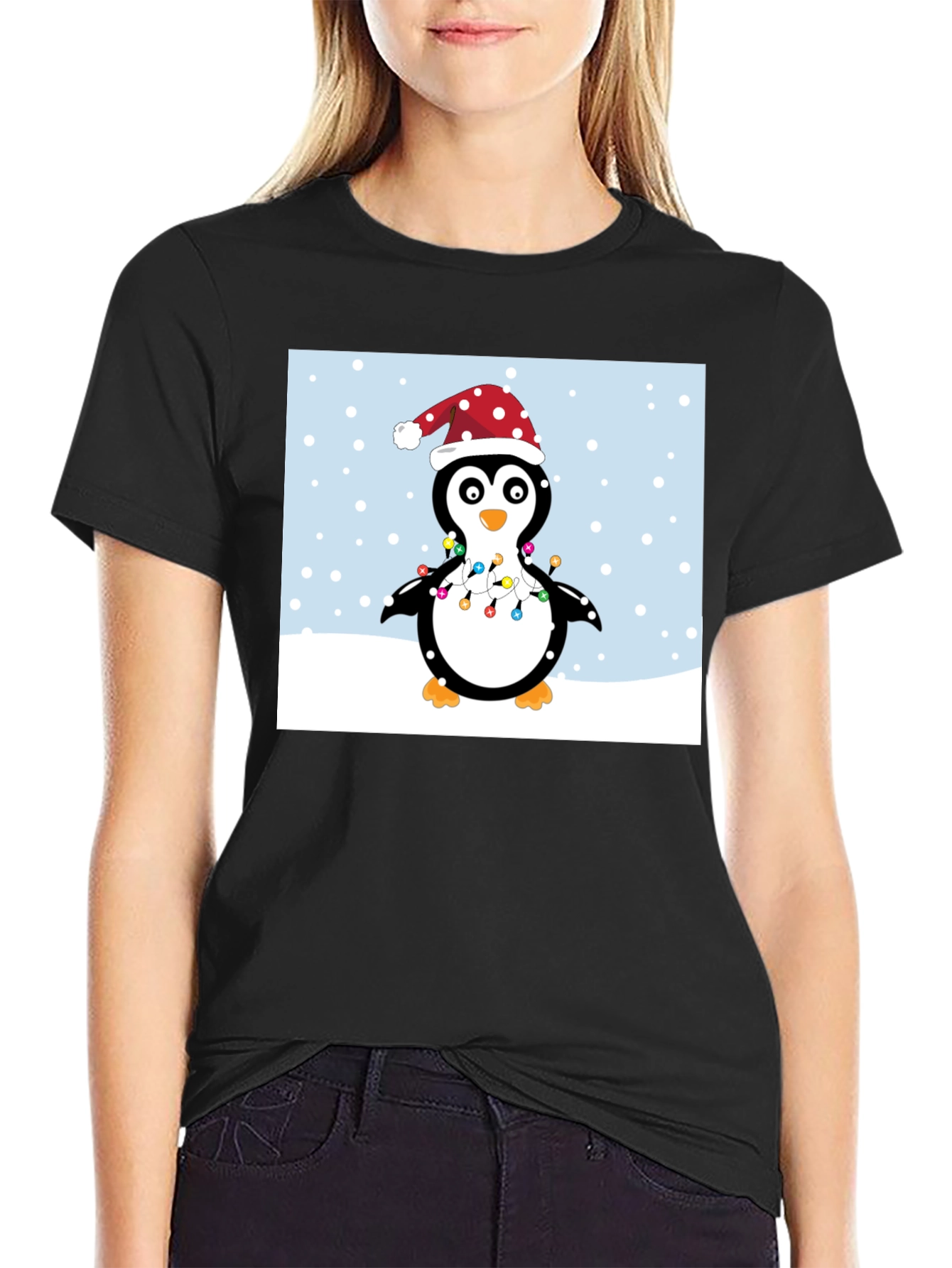 Festive Penguin Christmas Lights Graphic Tee