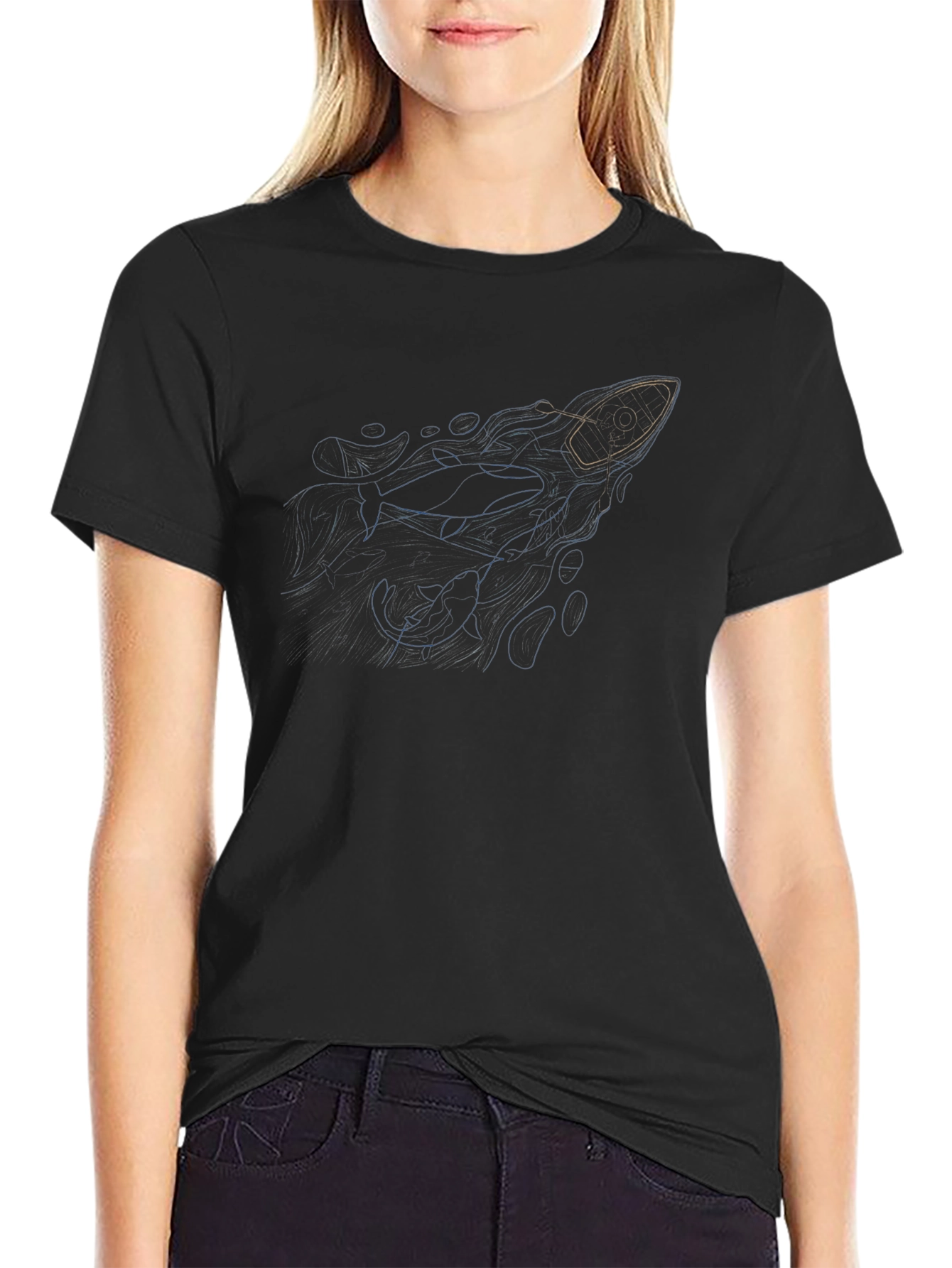 Whale & Boat Graphic Black Tee