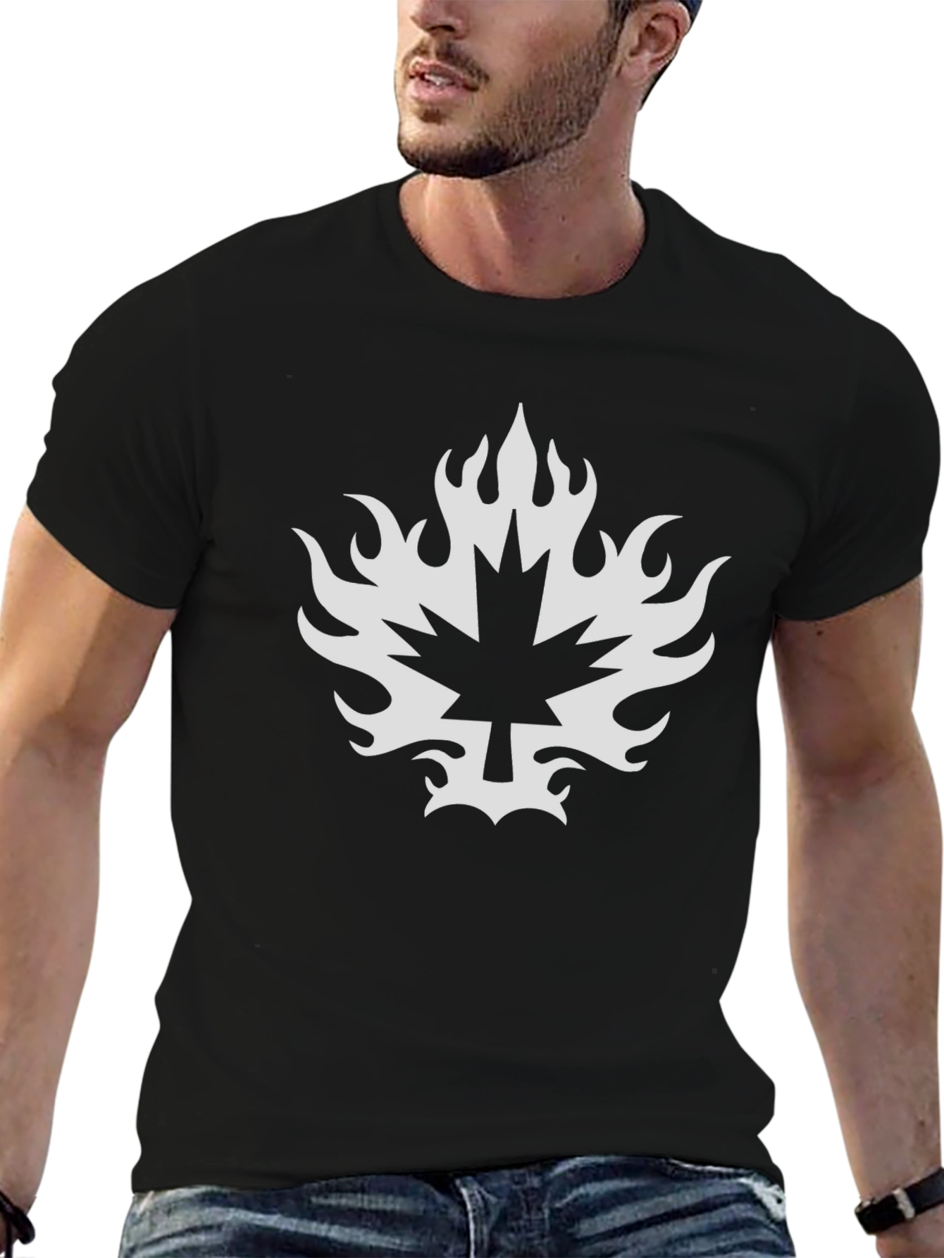 Maple Leaf Flame Graphic Tee - Black Cotton T-Shirt
