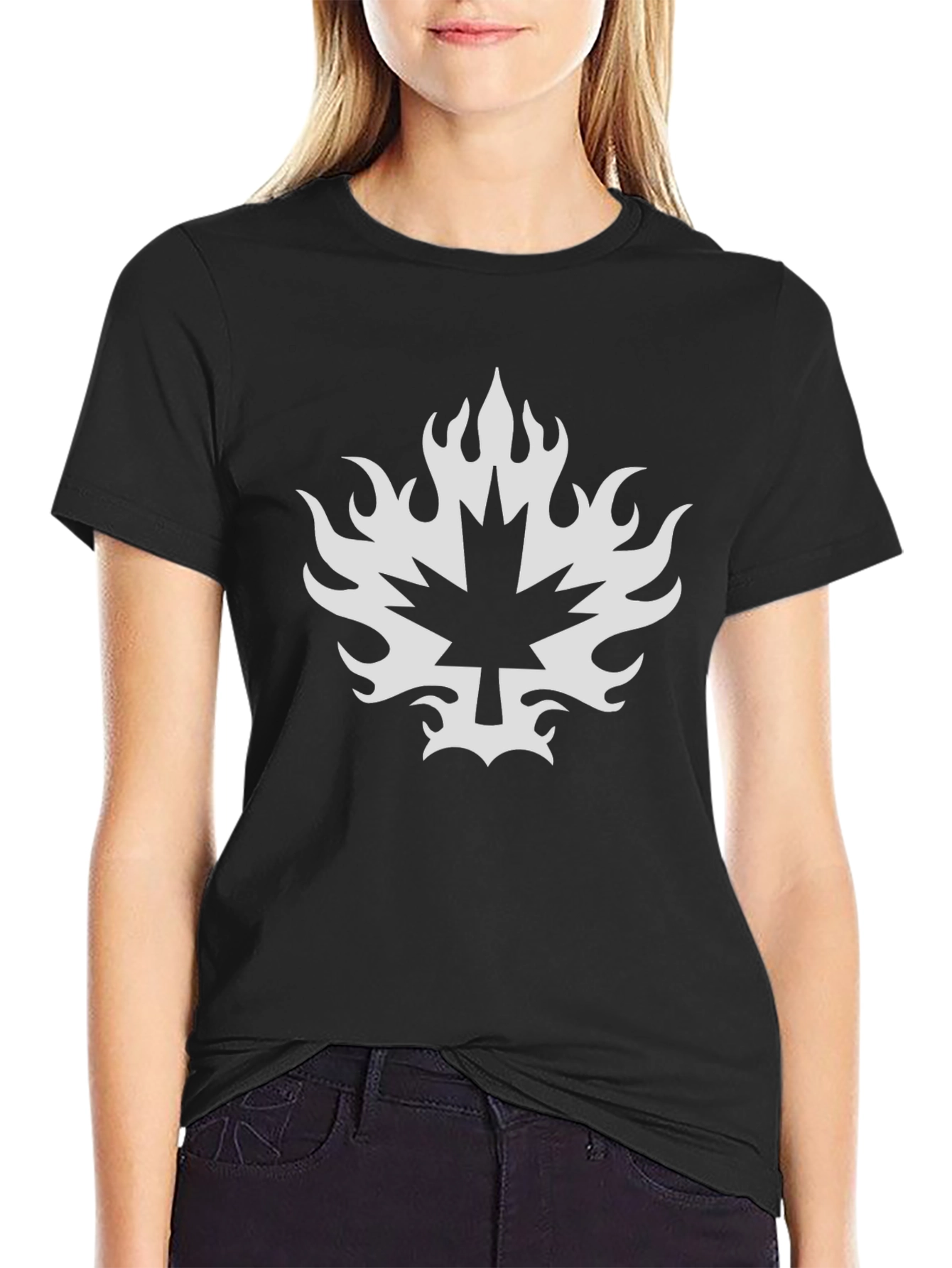Maple Leaf Flame Graphic Tee - Black Cotton T-Shirt