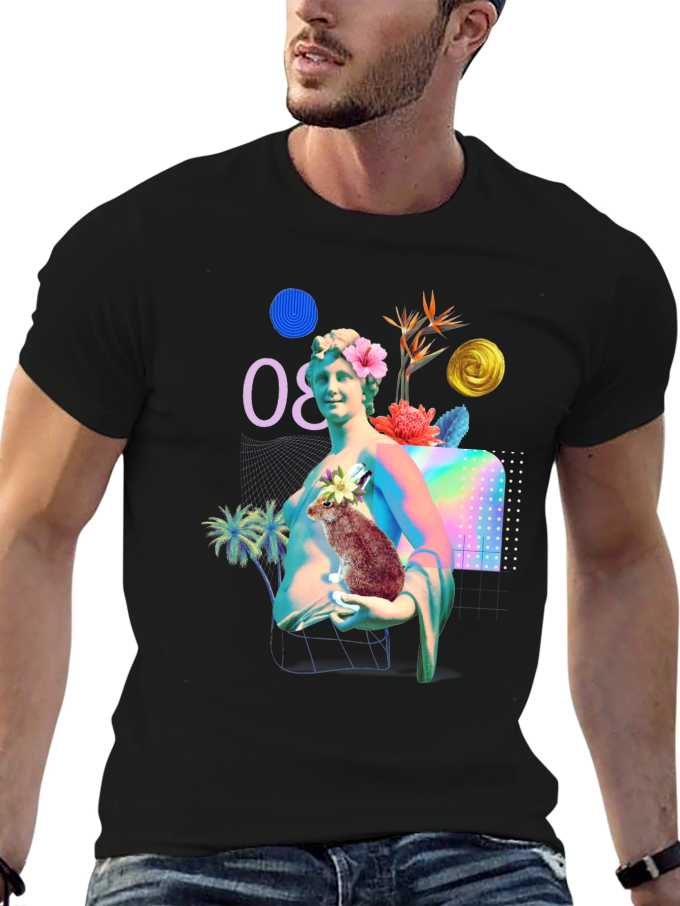 Statue & Rabbit Graphic T-Shirt - Unique Art Tee
