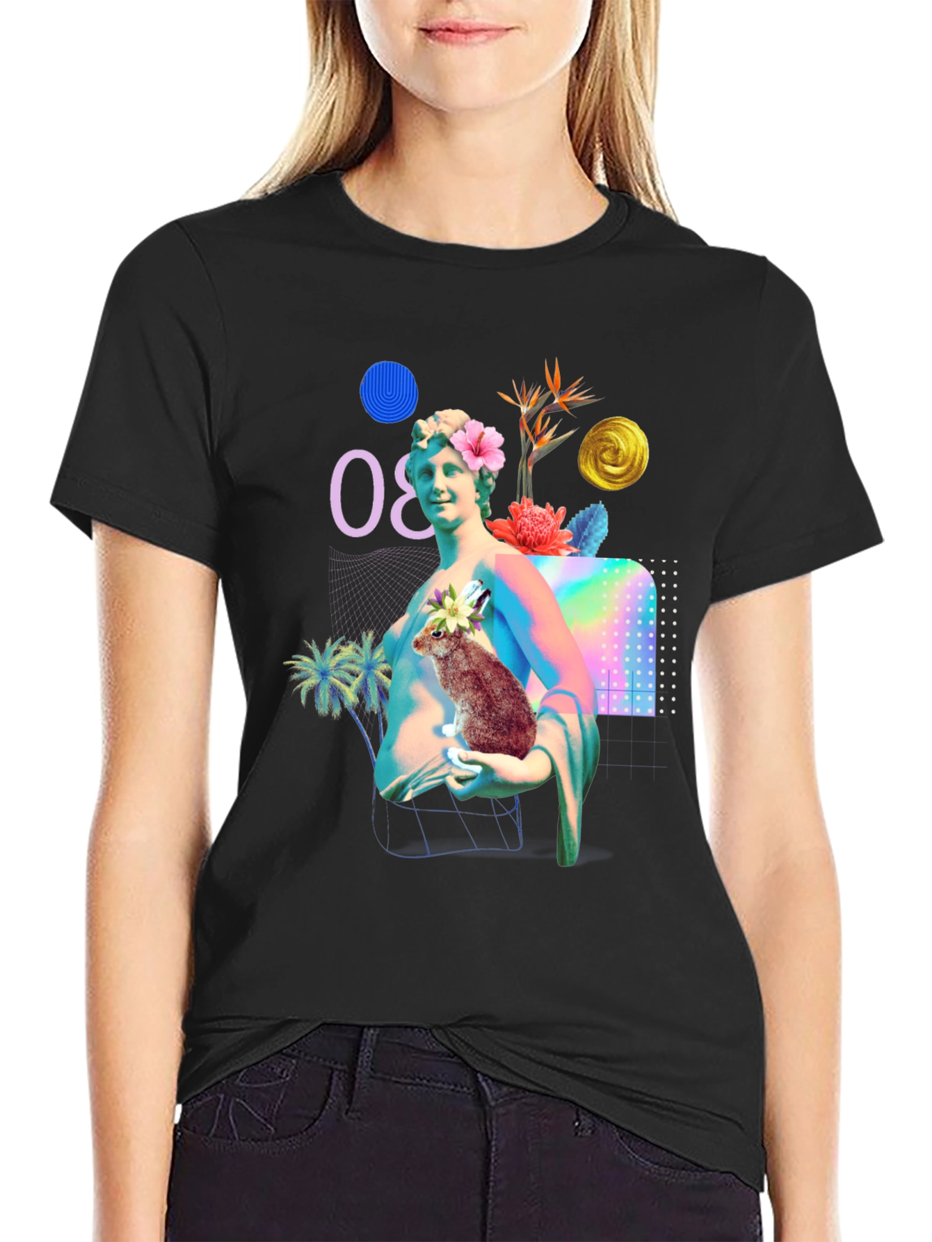 Statue & Rabbit Graphic T-Shirt - Unique Art Tee