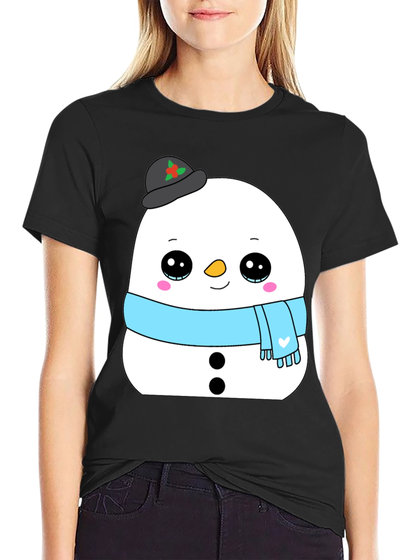 Cute Snowman Graphic Tee - Black Holiday Shirt