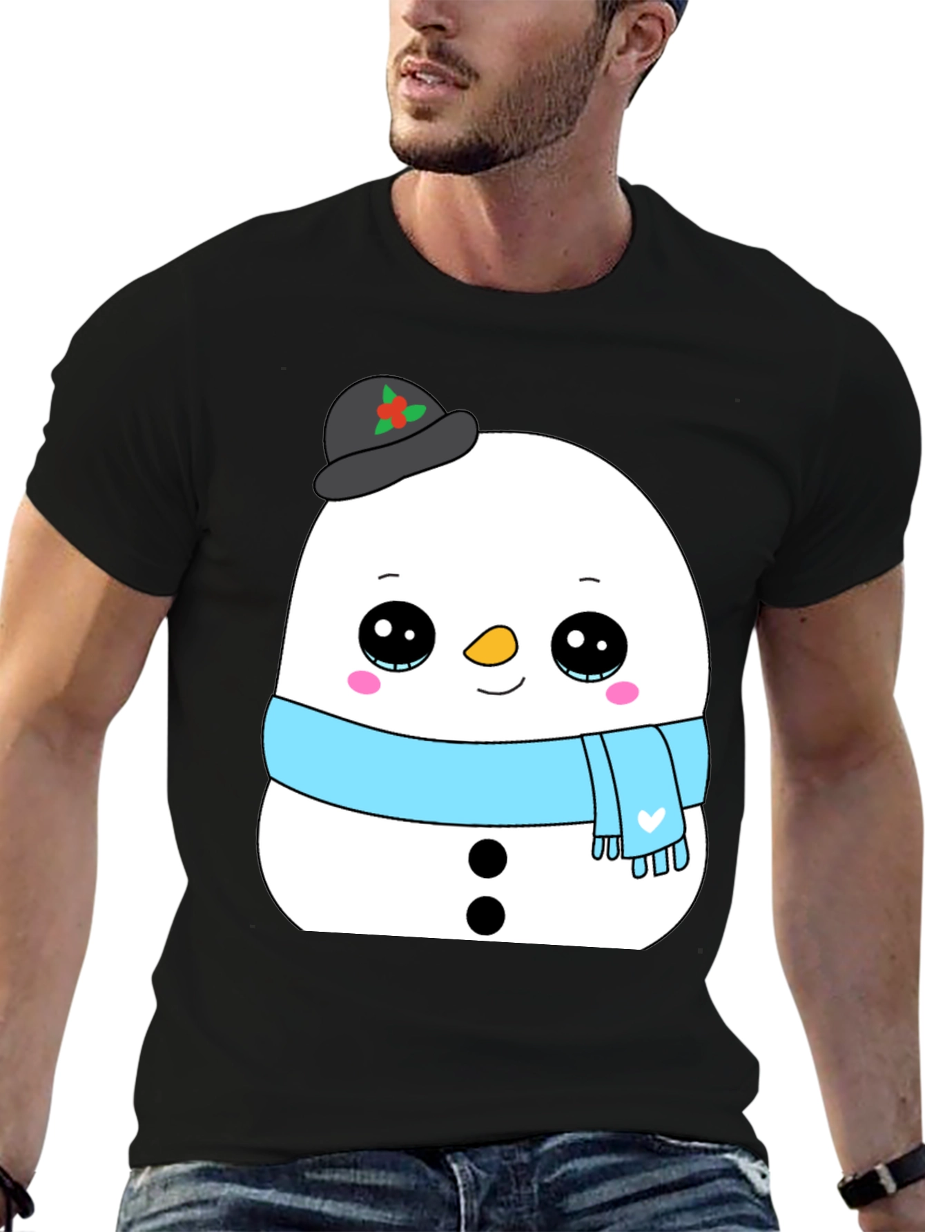 Cute Snowman Graphic Tee - Black Holiday Shirt