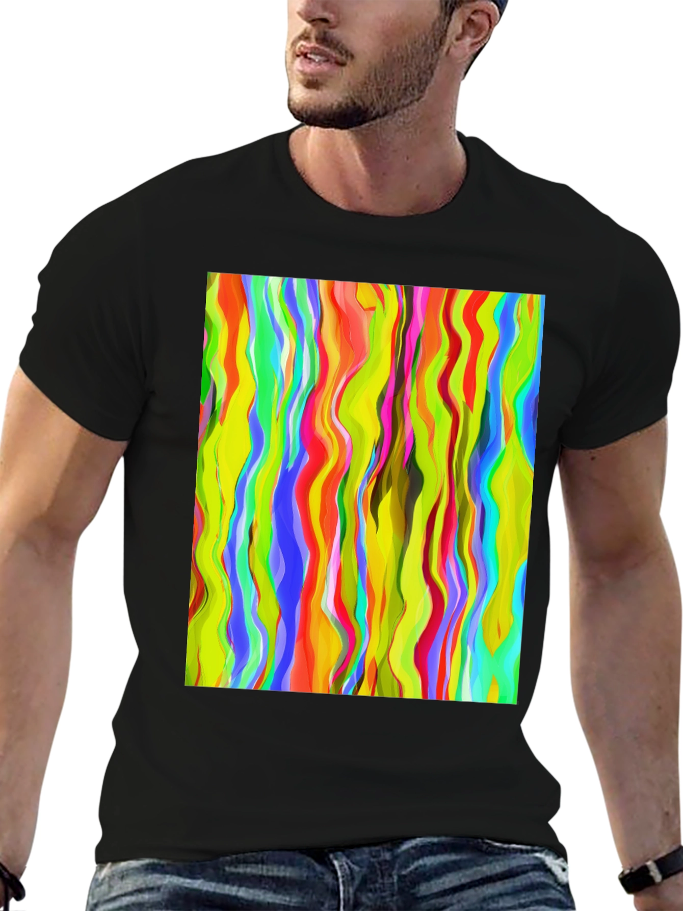 Vibrant Abstract Wave Print Black T-Shirt