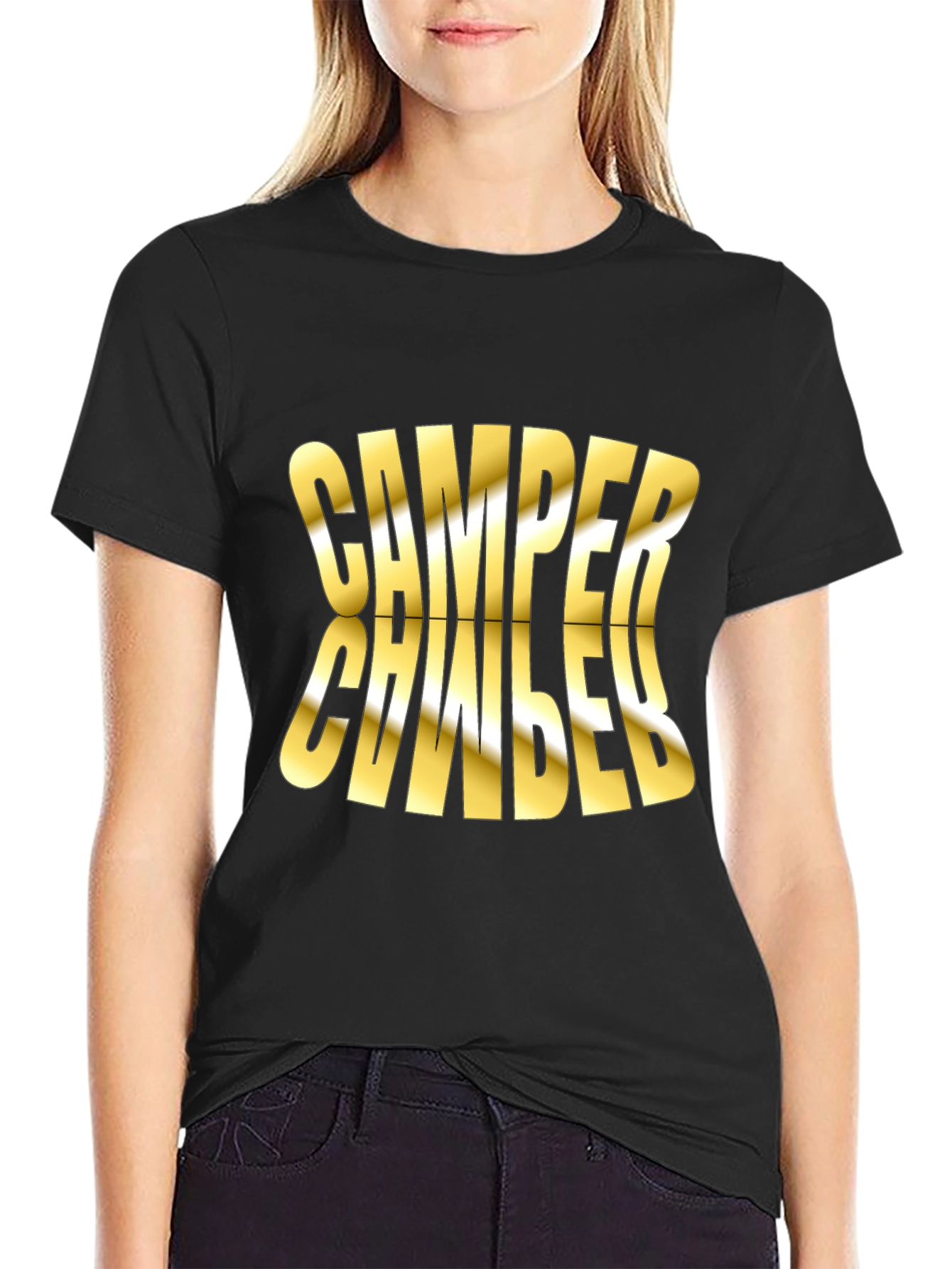 Camper Mirror Gold Print Black T-Shirt