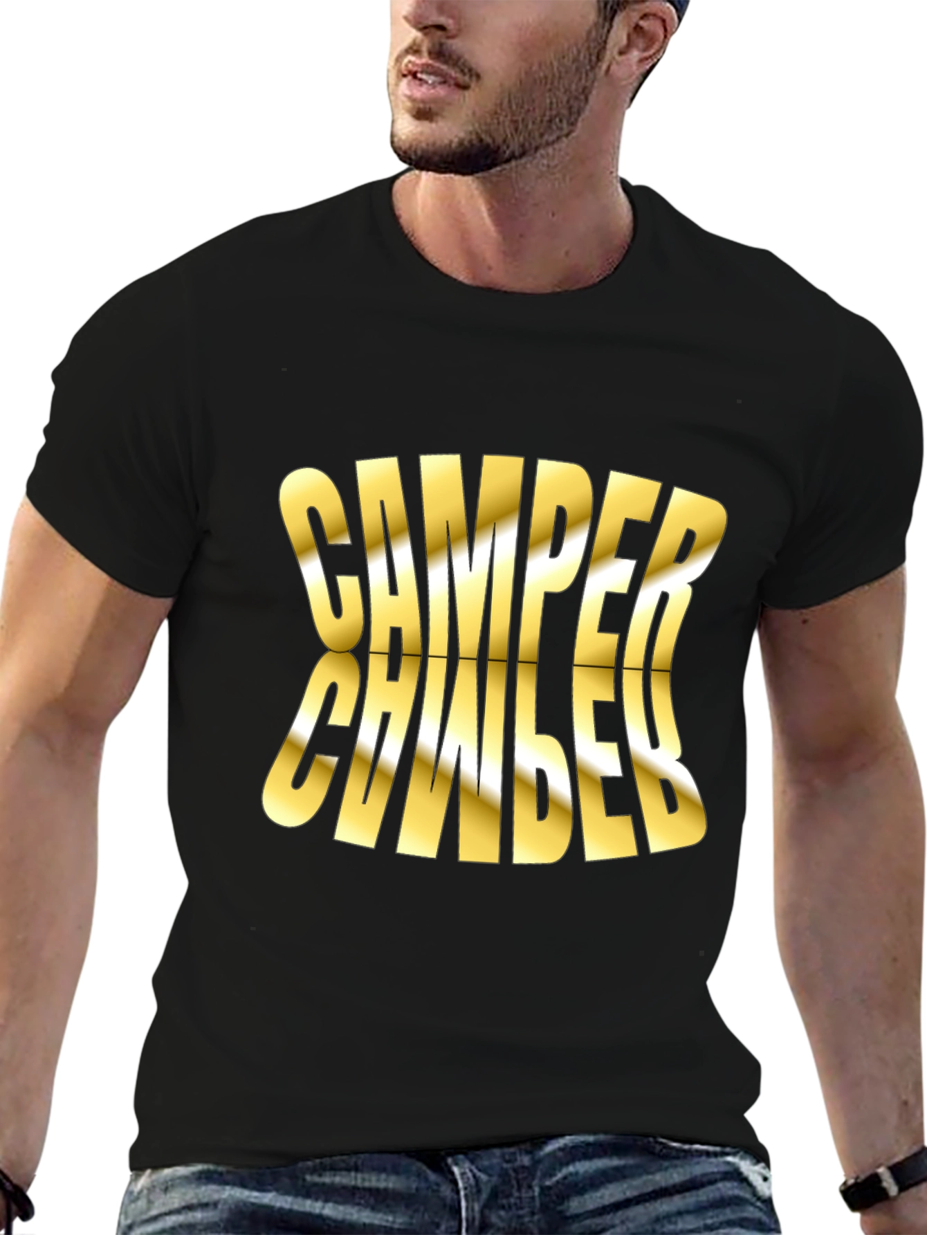 Camper Mirror Gold Print Black T-Shirt