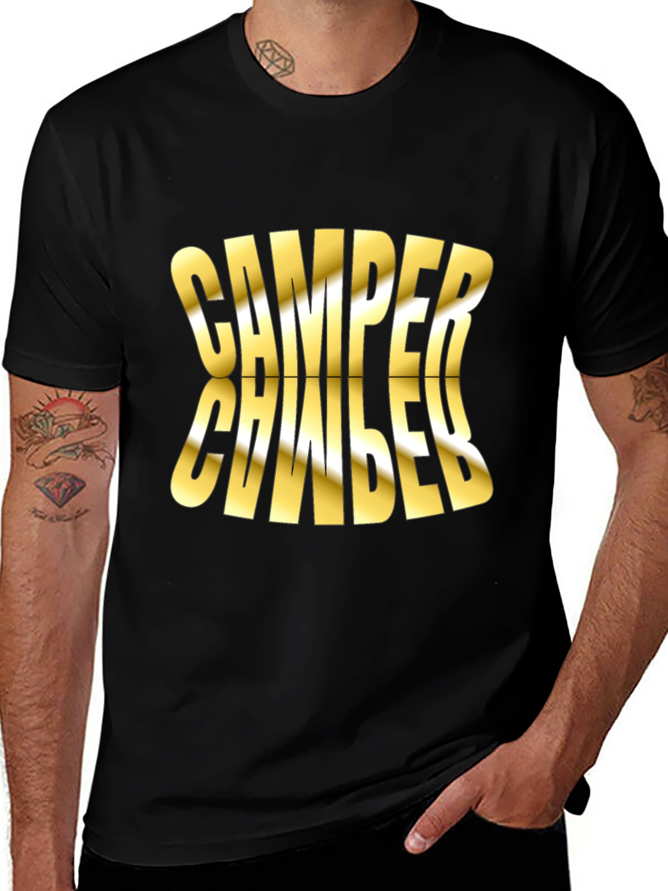 Camper Mirror Gold Print Black T-Shirt
