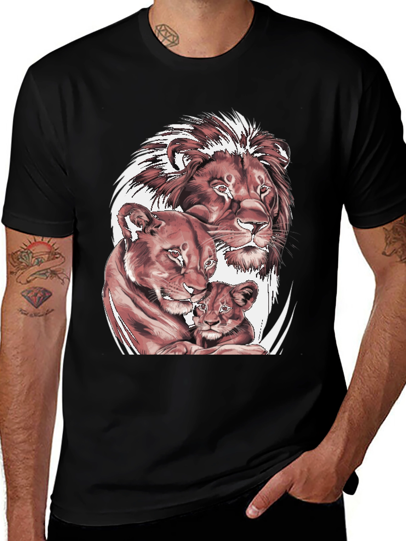 Lion Family Graphic Tee - Black Cotton T-Shirt