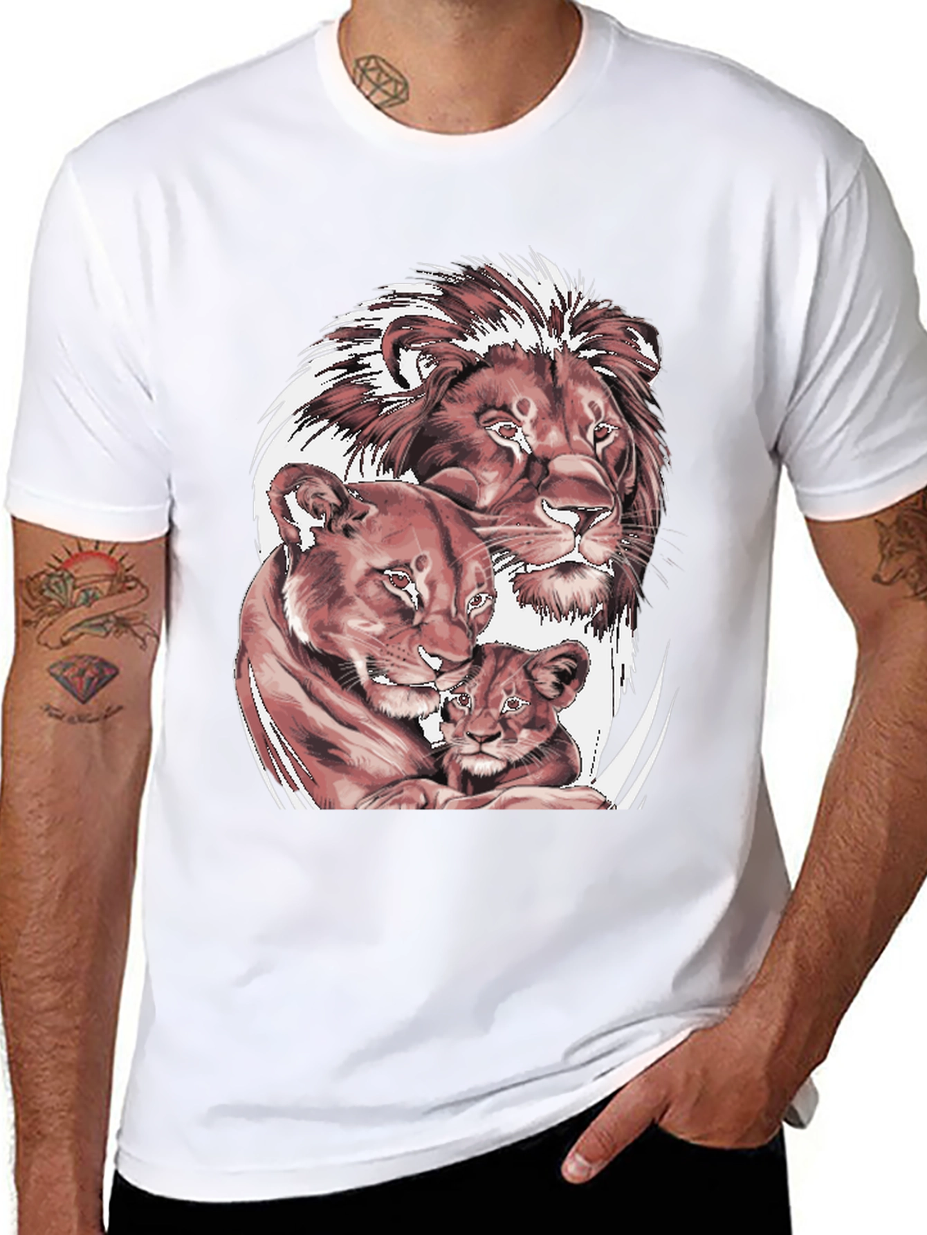 Lion Family Graphic Tee - Black Cotton T-Shirt