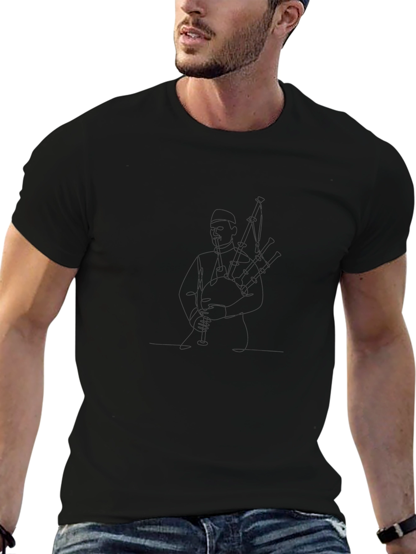 Bagpiper Line Art T-Shirt - Black