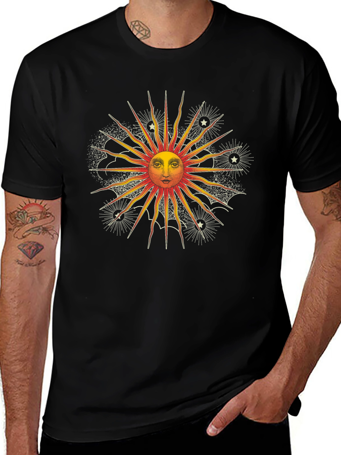 Celestial Sun Graphic Tee - Black Cotton Shirt