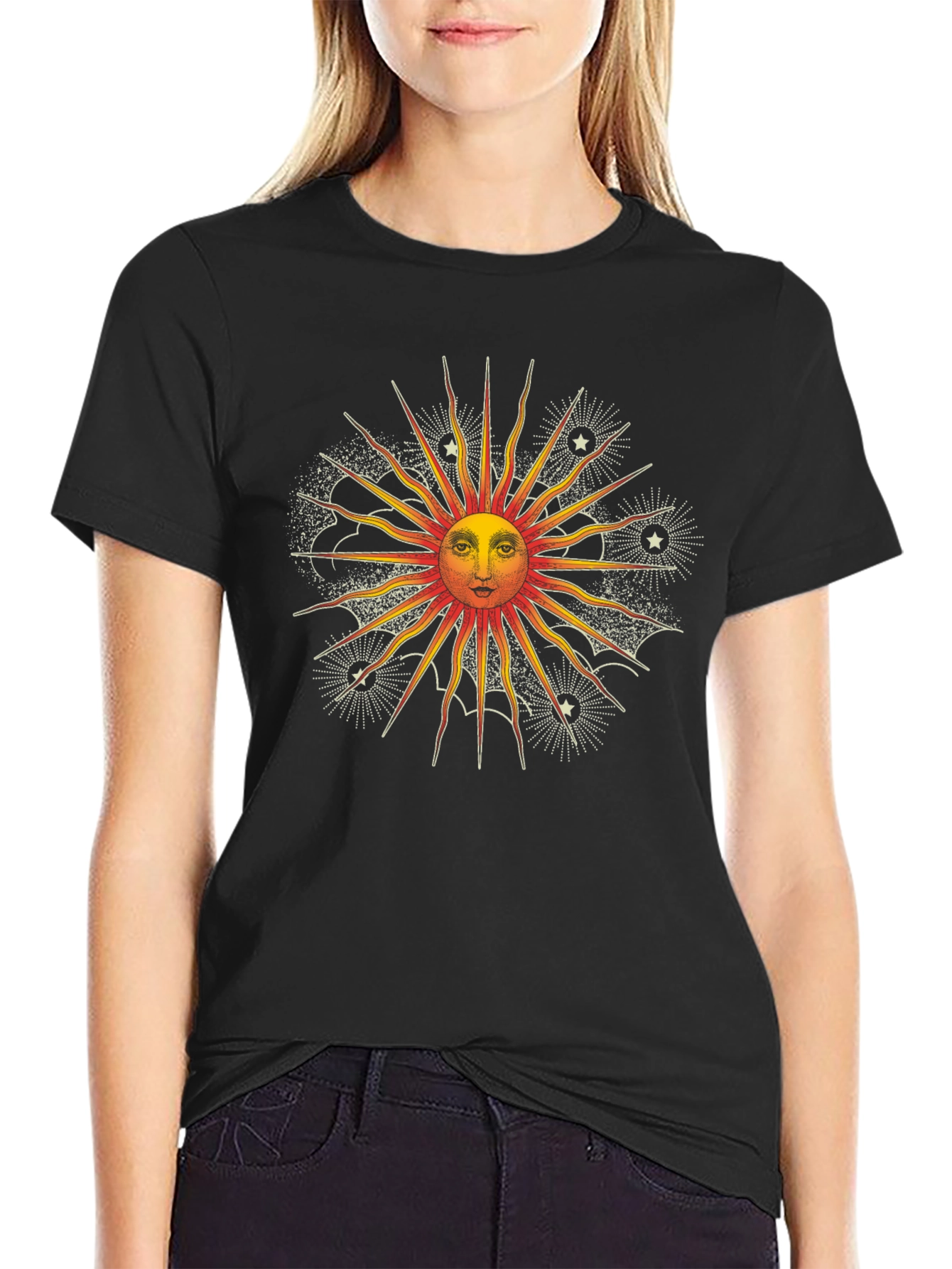 Celestial Sun Graphic Tee - Black Cotton Shirt